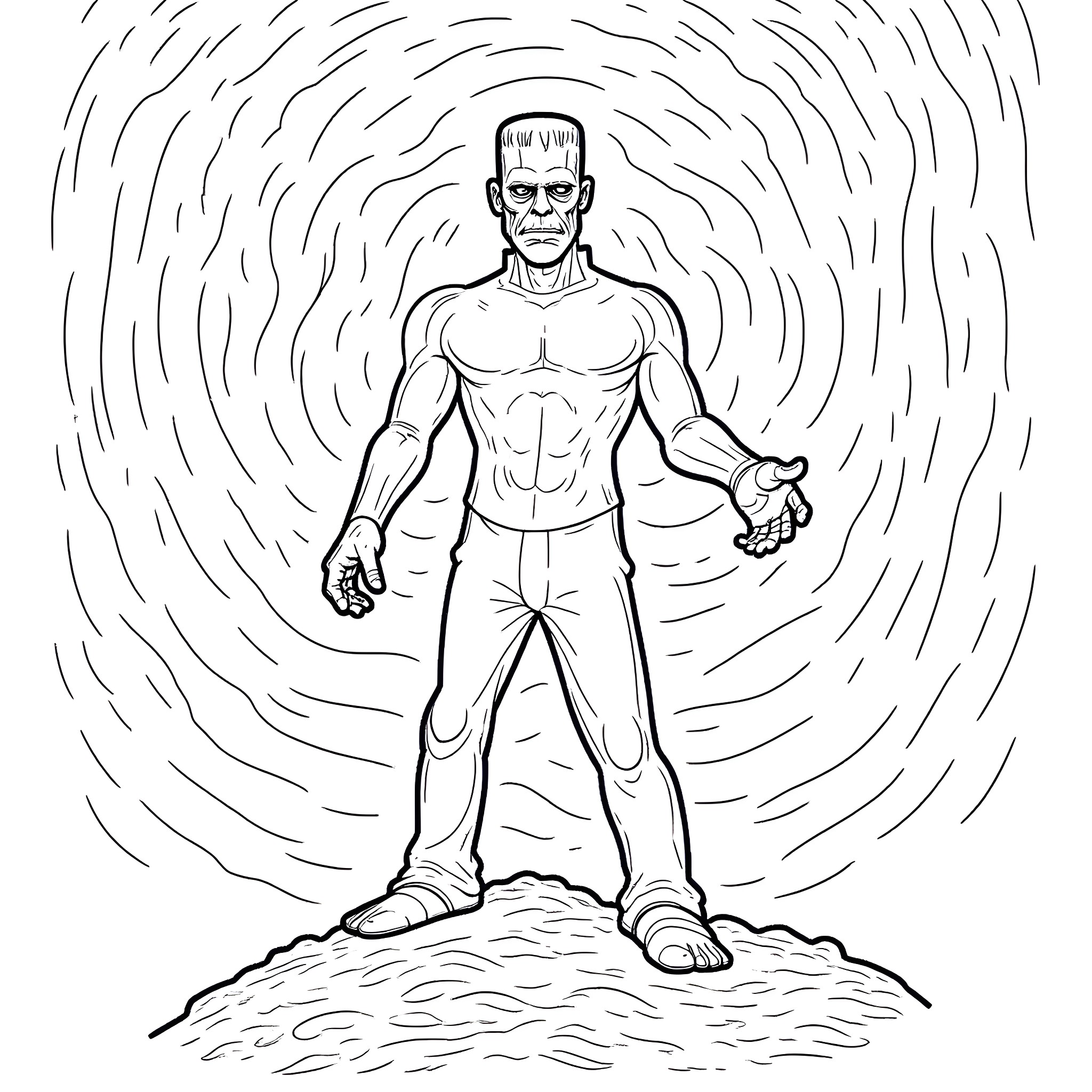 Frankenstein's monster emerging from the swirling void Coloring Page (free black-and-white line drawing printable PDF for all, from beginners to advanced learners, including children, teens, adults, and seniors)