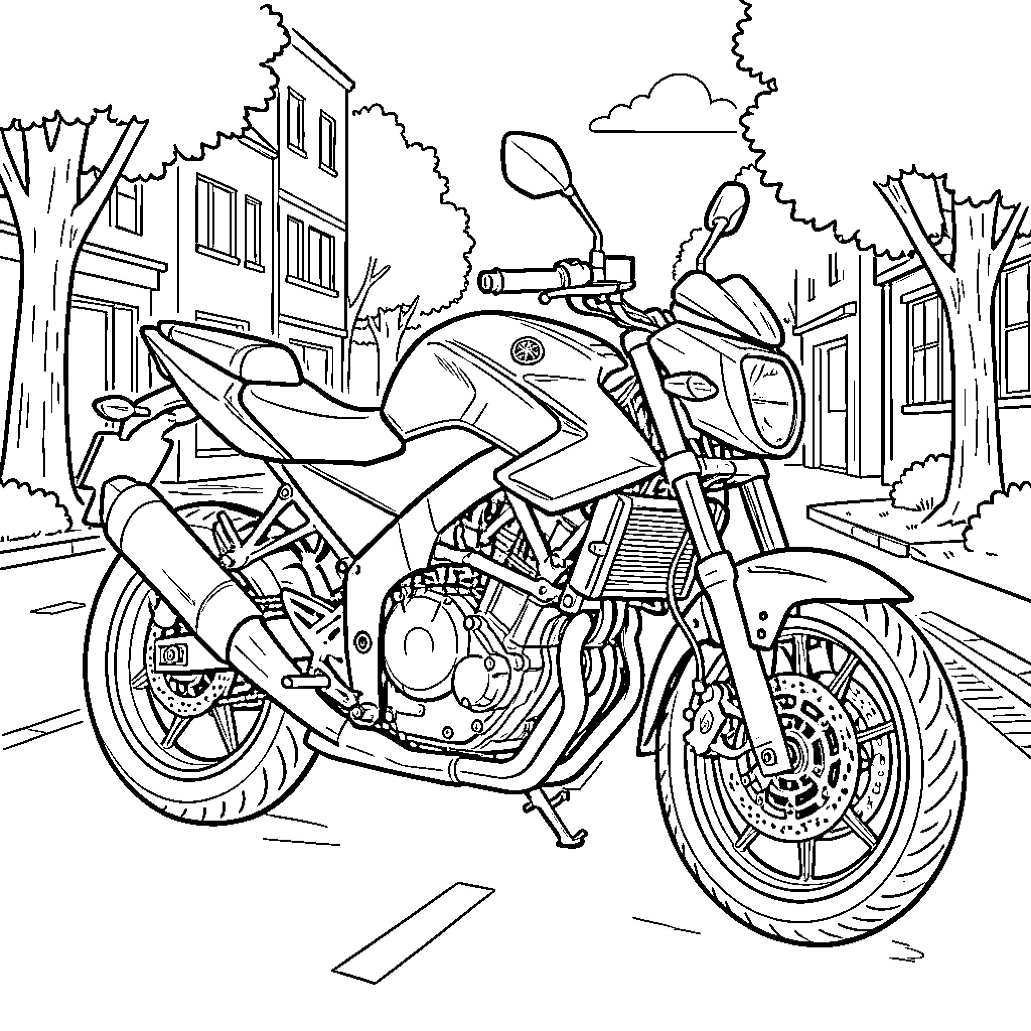 Yamaha FZs parked on a quiet residential street Coloring Page (free black-and-white line drawing printable PDF for all, from beginners to advanced learners, including children, teens, adults, and seniors)