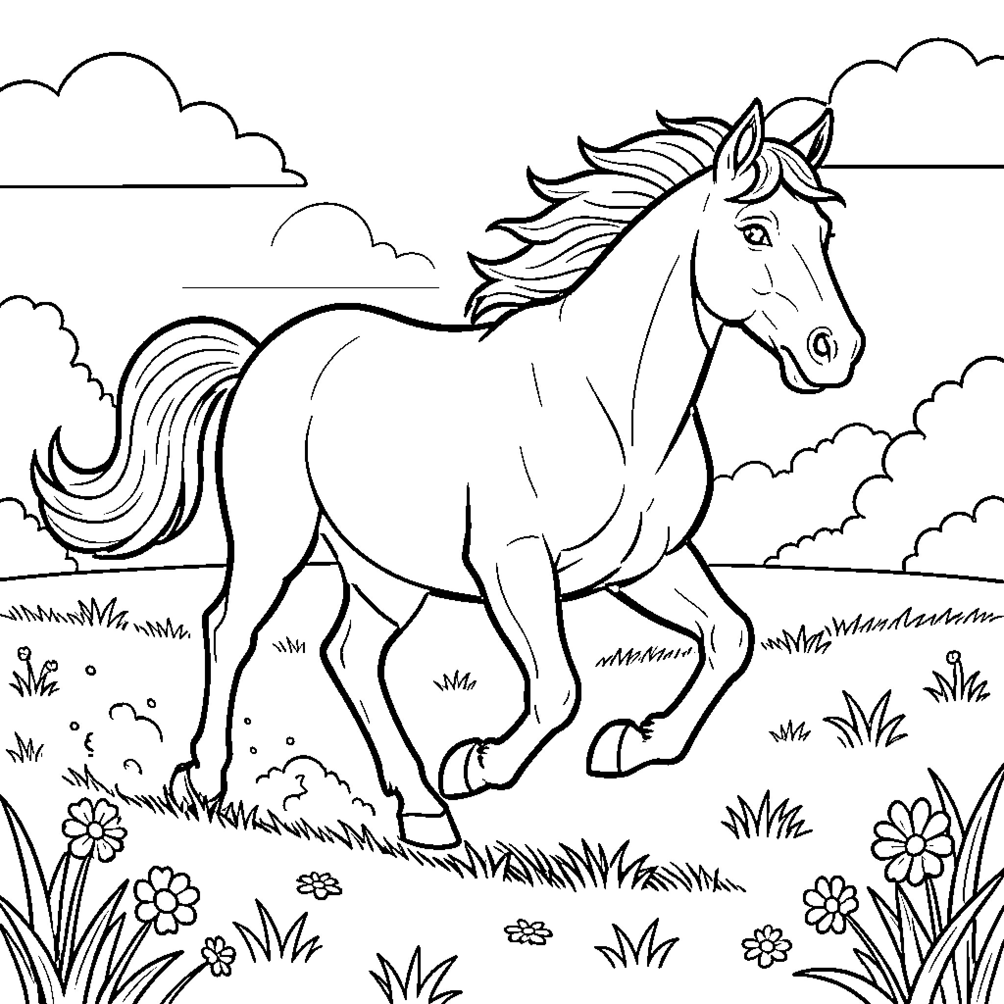 Horse running through a grassy field Coloring Page (free black-and-white line drawing printable PDF for all, from beginners to advanced learners, including children, teens, adults, and seniors)