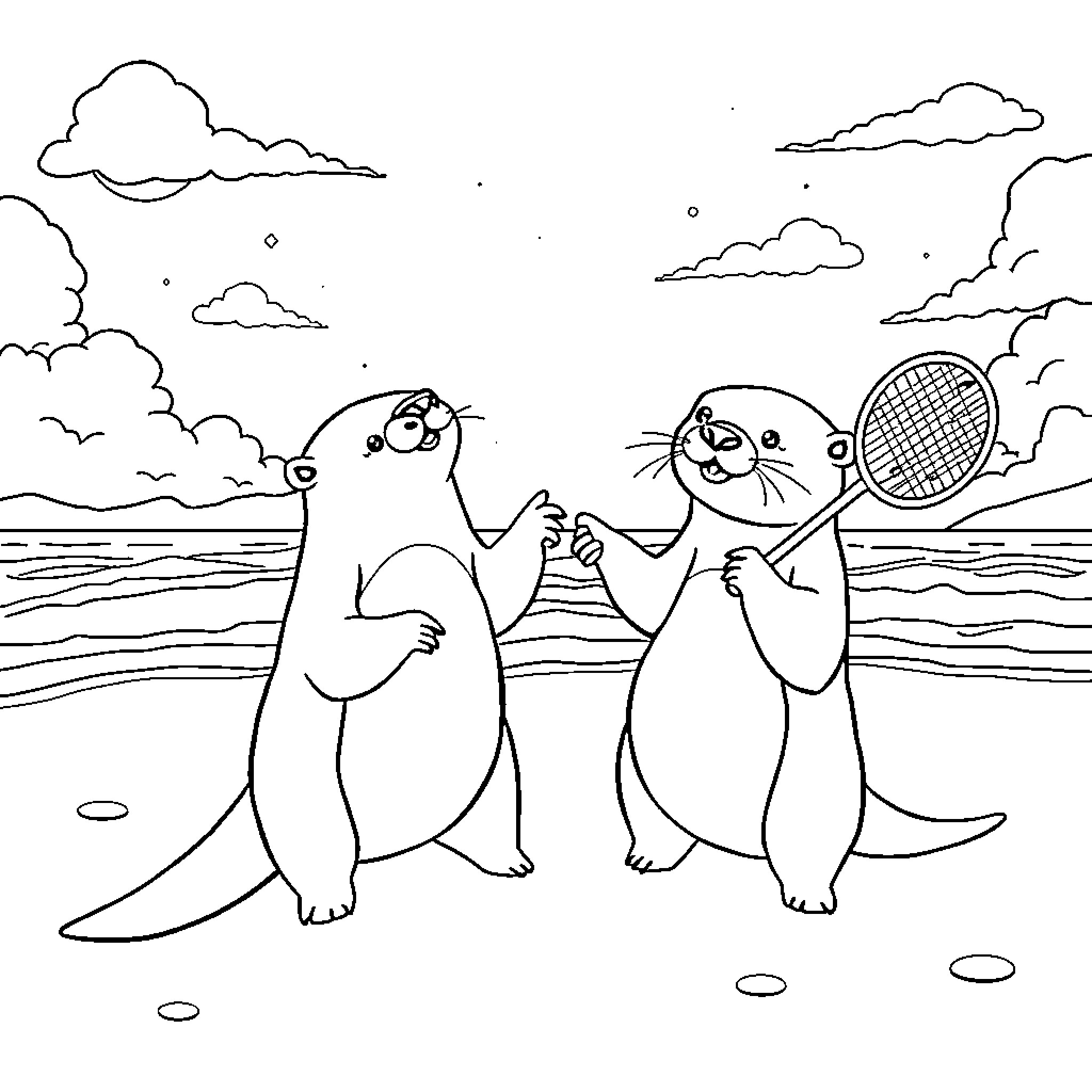Otters enjoying a game of tennis on the beach Coloring Page (free black-and-white line drawing printable PDF for all, from beginners to advanced learners, including children, teens, adults, and seniors)
