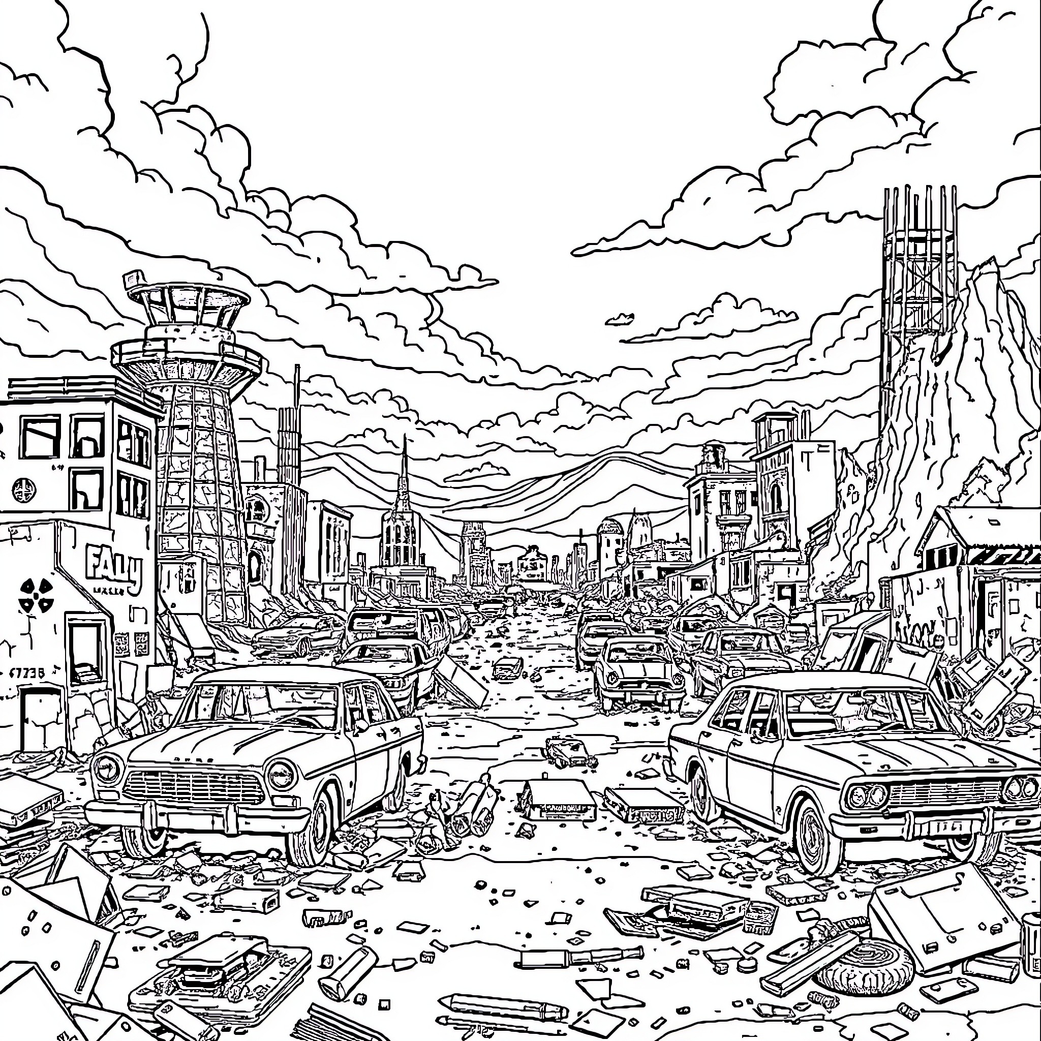 Fallout: Apocalyptic City Destruction and Chaos Coloring Page (free black-and-white line drawing printable PDF for all, from beginners to advanced learners, including children, teens, adults, and seniors)