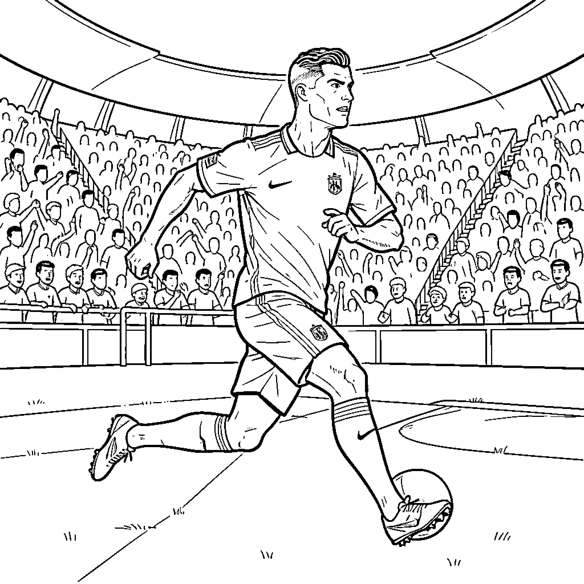 Cristiano Ronaldo dribbling a soccer ball in a stadium Coloring Page (free black-and-white line drawing printable PDF for all, from beginners to advanced learners, including children, teens, adults, and seniors)