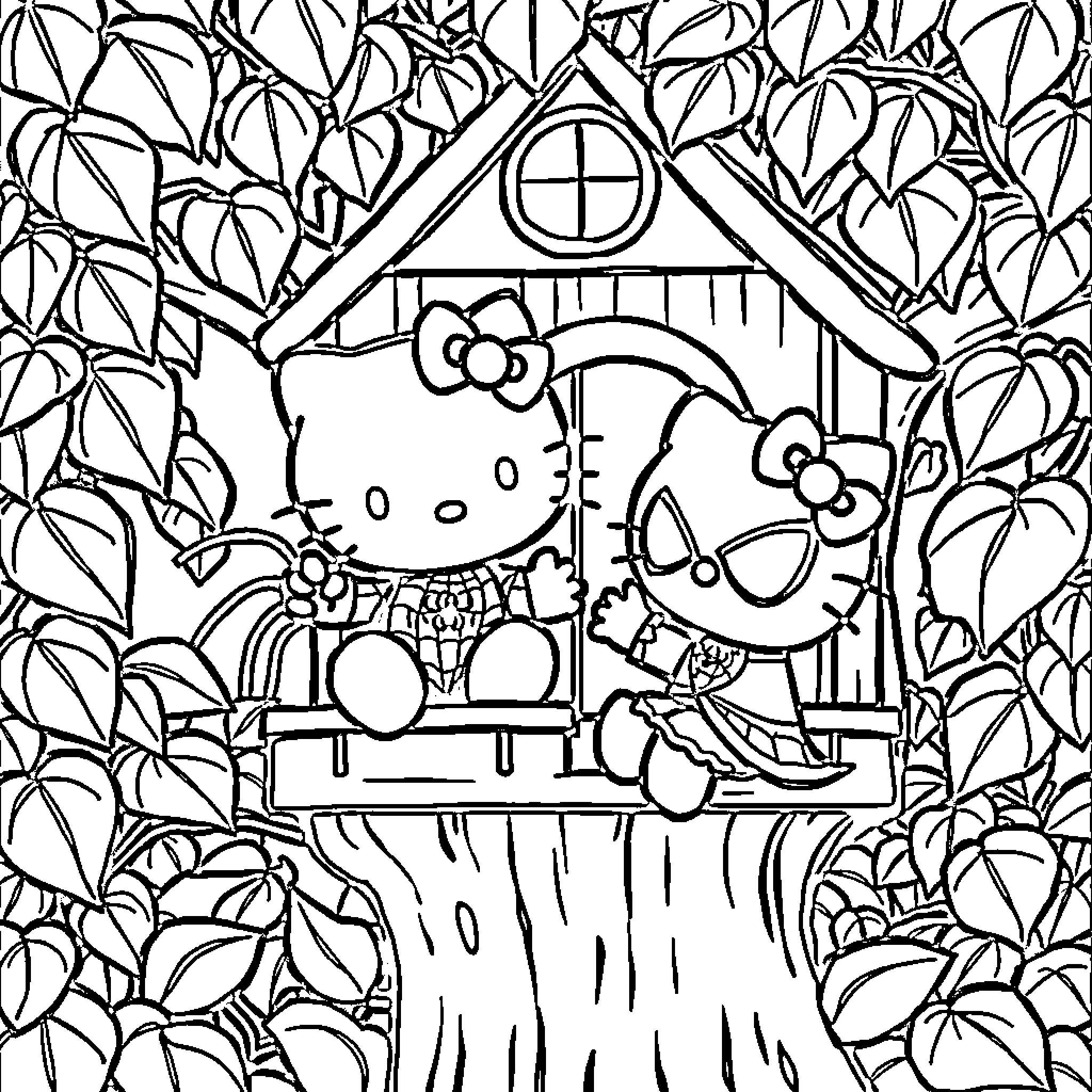 Hello Kitty relaxing in the cozy treehouse Coloring Page (free black-and-white line drawing printable PDF for all, from beginners to advanced learners, including children, teens, adults, and seniors)