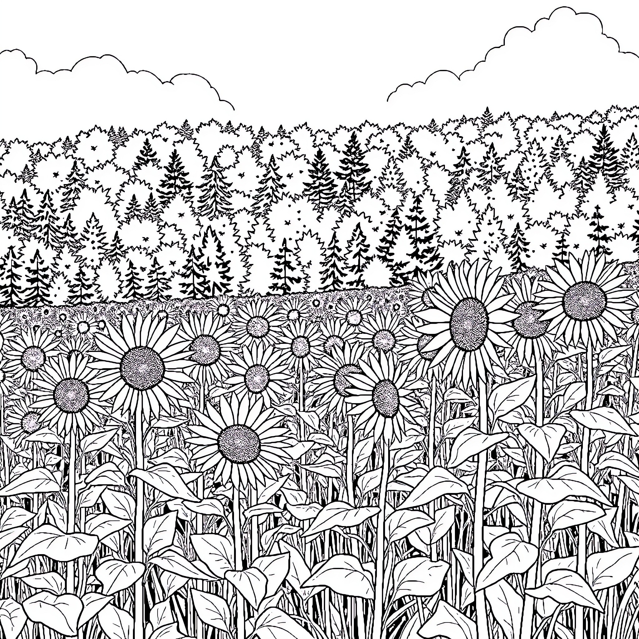 Sunflower field in the forest landscape Coloring Page (free black-and-white line drawing printable PDF for all, from beginners to advanced learners, including children, teens, adults, and seniors)