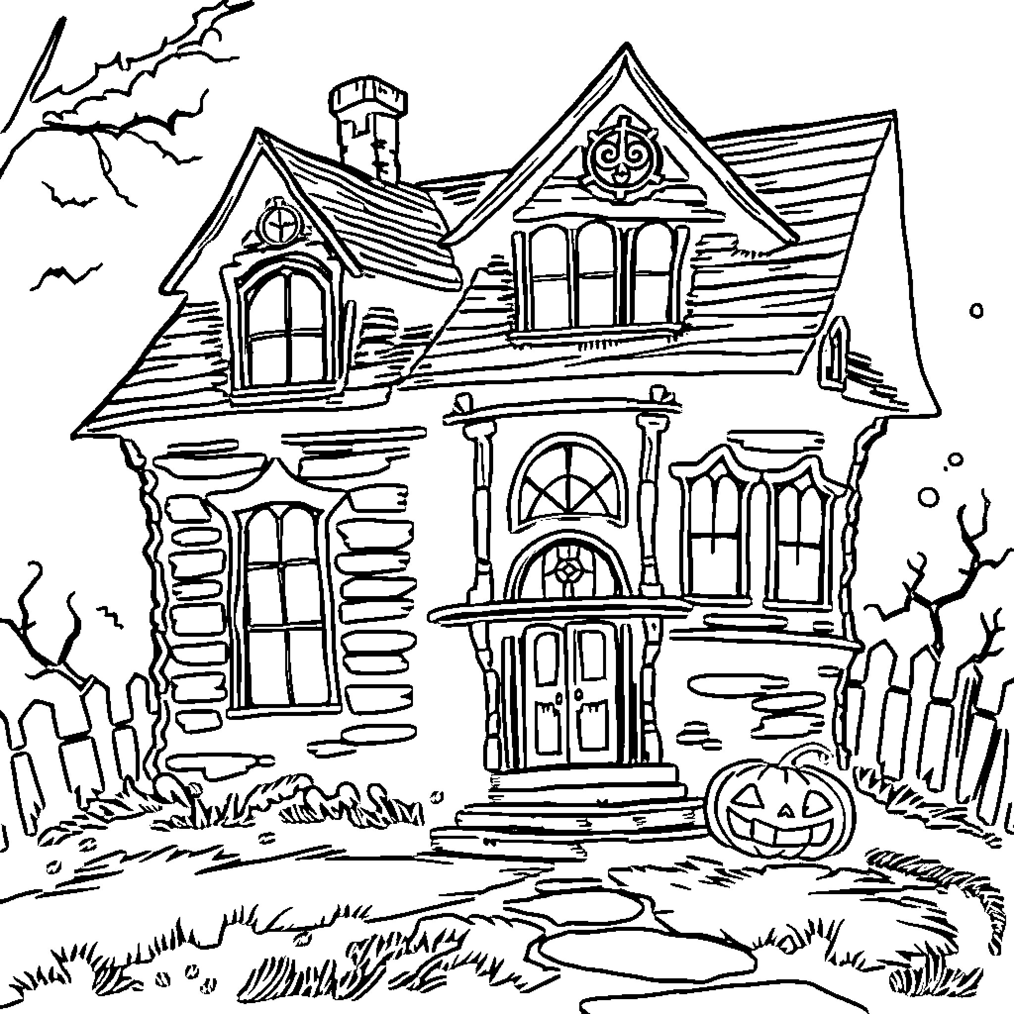 Haunted House with Creepy Atmosphere and Pumpkin Coloring Page (free black-and-white line drawing printable PDF for all, from beginners to advanced learners, including children, teens, adults, and seniors)