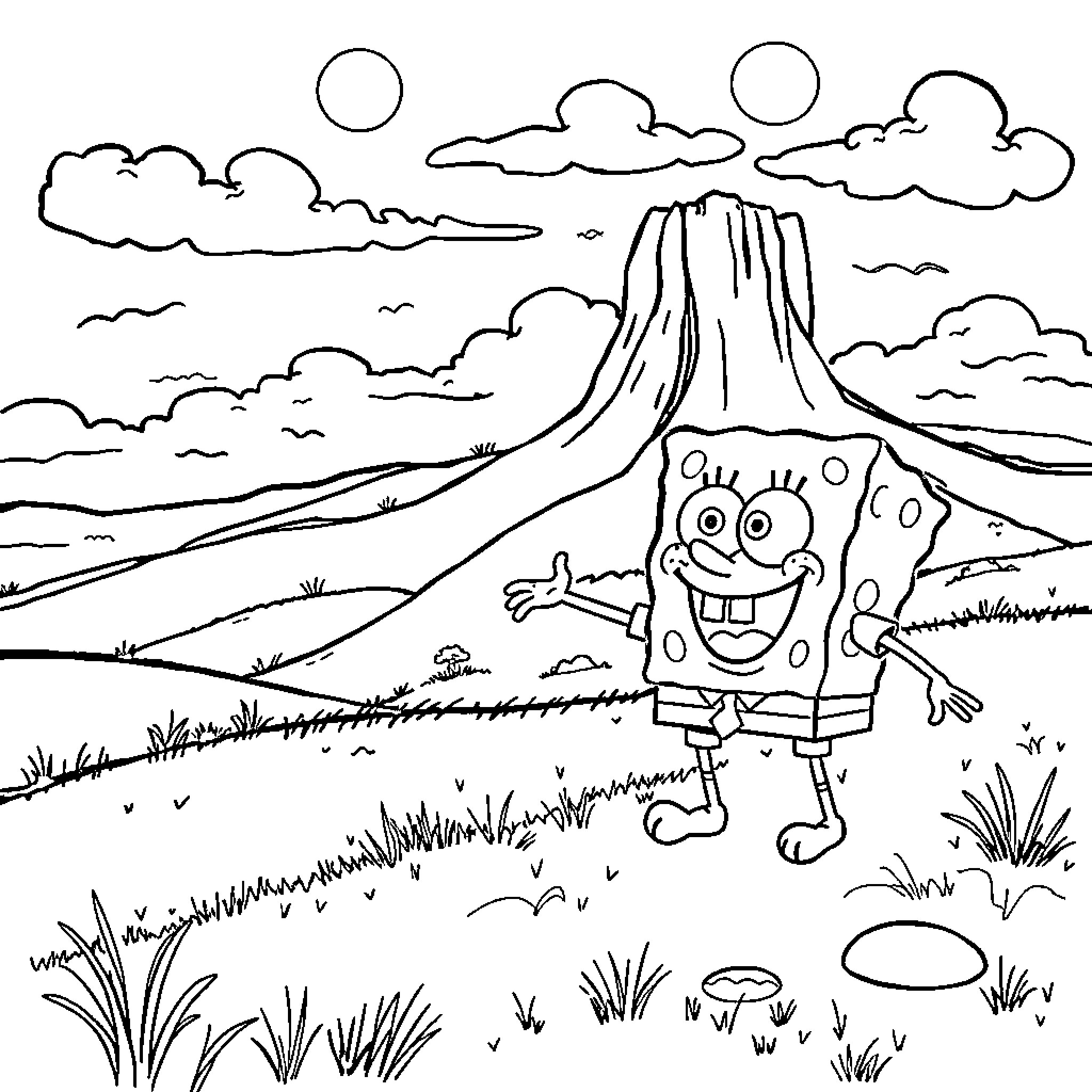 Spongebob enjoying the scenic landscape Coloring Page (free black-and-white line drawing printable PDF for all, from beginners to advanced learners, including children, teens, adults, and seniors)