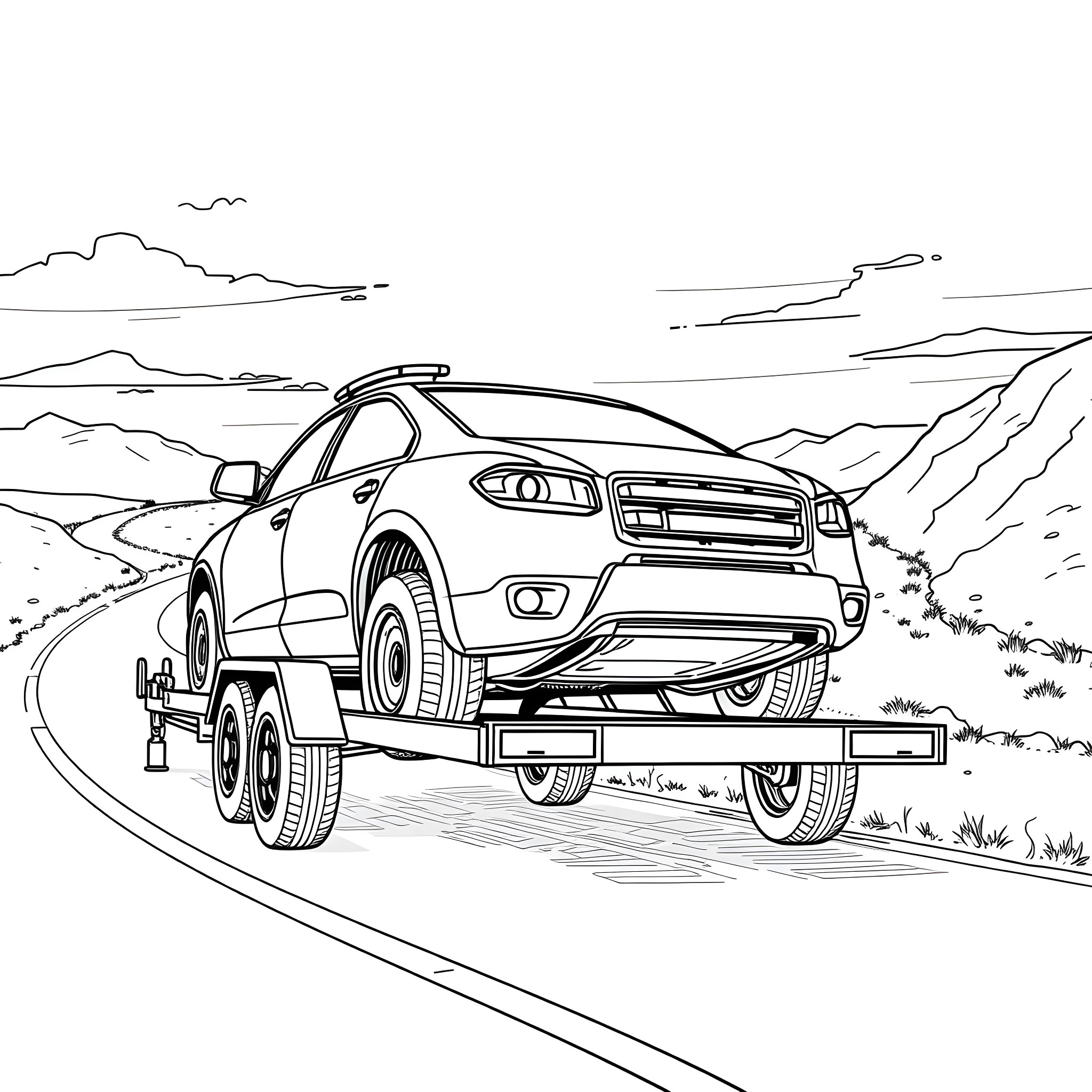 Car Trailer on a Rugged Landscape Coloring Page (free black-and-white line drawing printable PDF for all, from beginners to advanced learners, including children, teens, adults, and seniors)