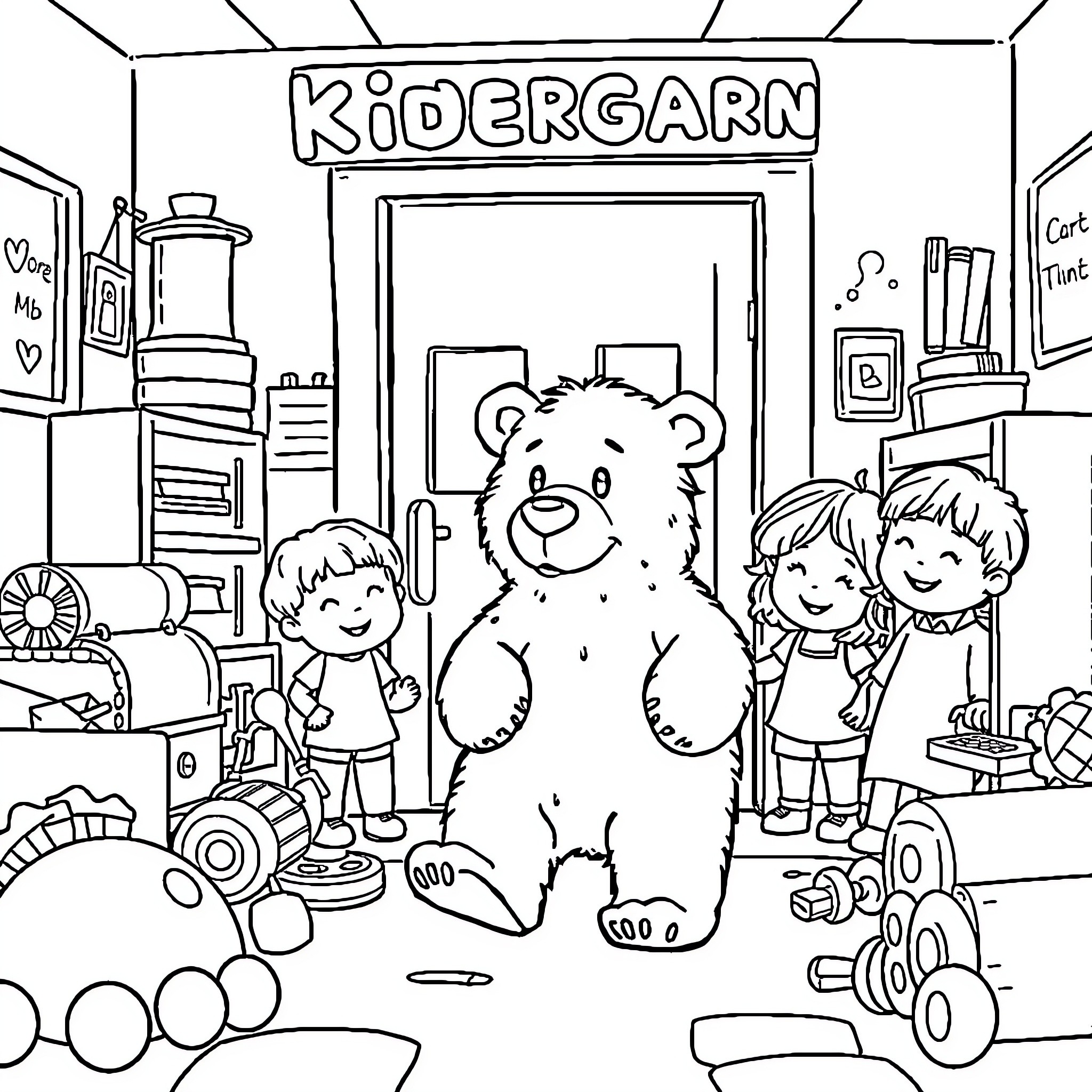 Polar Bear visiting Kindergarten classroom Coloring Page (free black-and-white line drawing printable PDF for all, from beginners to advanced learners, including children, teens, adults, and seniors)