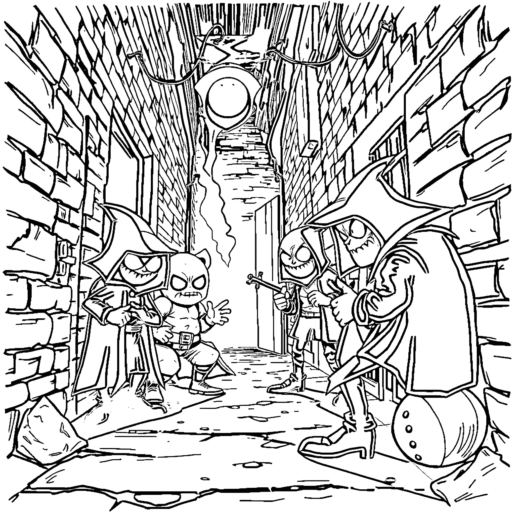 Baddie Creatures Lurking in Dark Alleyway Coloring Page (free black-and-white line drawing printable PDF for all, from beginners to advanced learners, including children, teens, adults, and seniors)