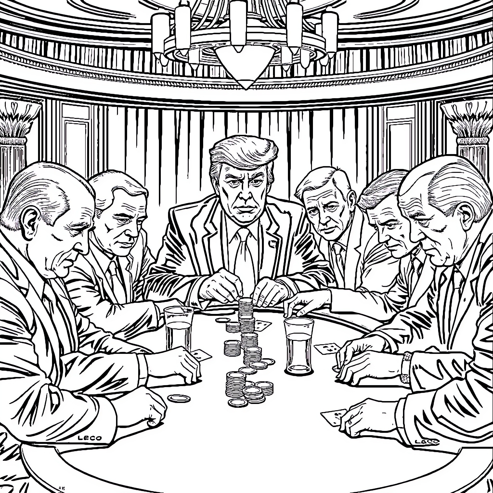 Trump Presiding Over High-Level Political Meeting Coloring Page (free black-and-white line drawing printable PDF for all, from beginners to advanced learners, including children, teens, adults, and seniors)