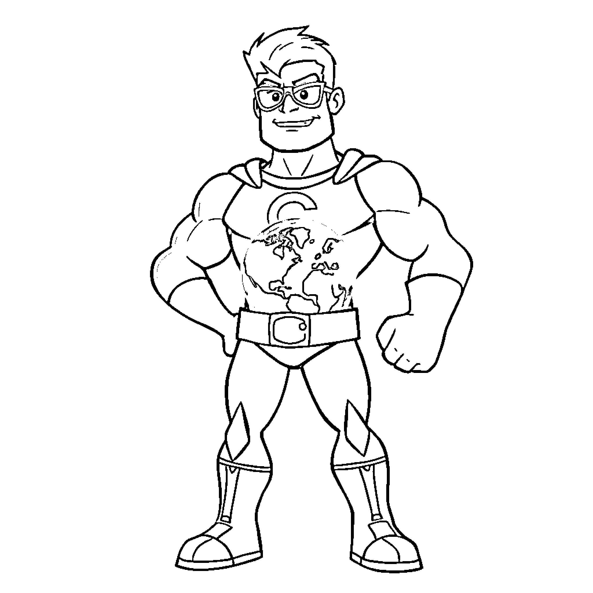 Captain Planet Saves the Planet with Heroic Pose Coloring Page (free black-and-white line drawing printable PDF for all, from beginners to advanced learners, including children, teens, adults, and seniors)