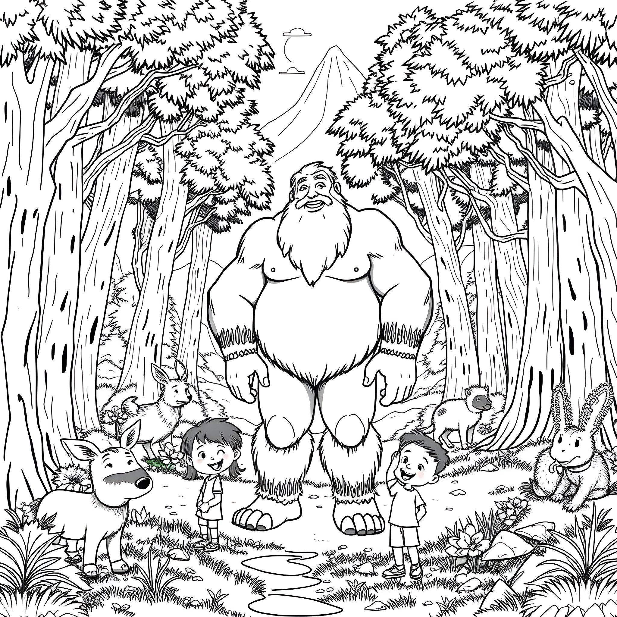 Giant Bigfoot meets children in the enchanted forest Coloring Page (free black-and-white line drawing printable PDF for all, from beginners to advanced learners, including children, teens, adults, and seniors)
