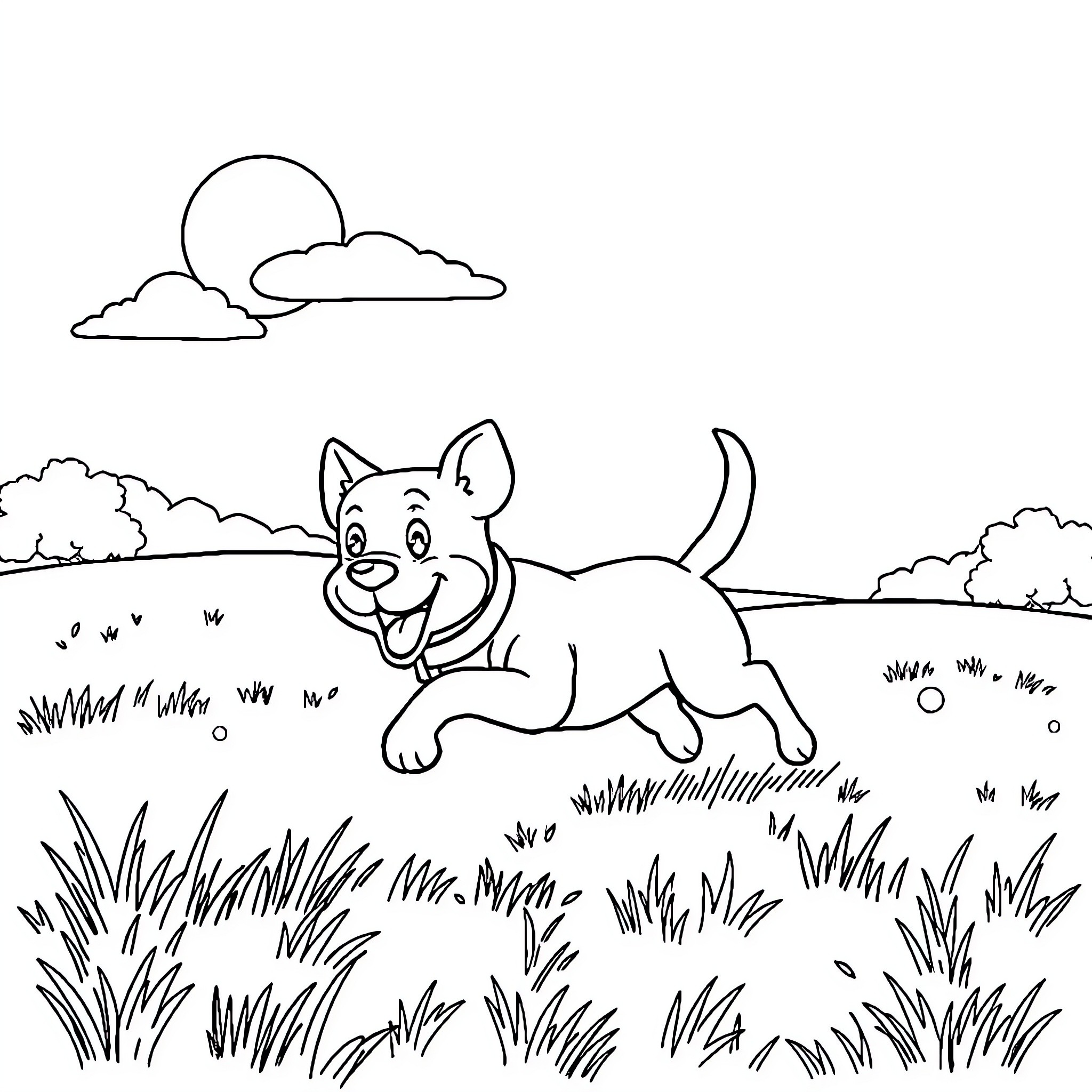 Dog playing in the grassy field Coloring Page (free black-and-white line drawing printable PDF for all, from beginners to advanced learners, including children, teens, adults, and seniors)
