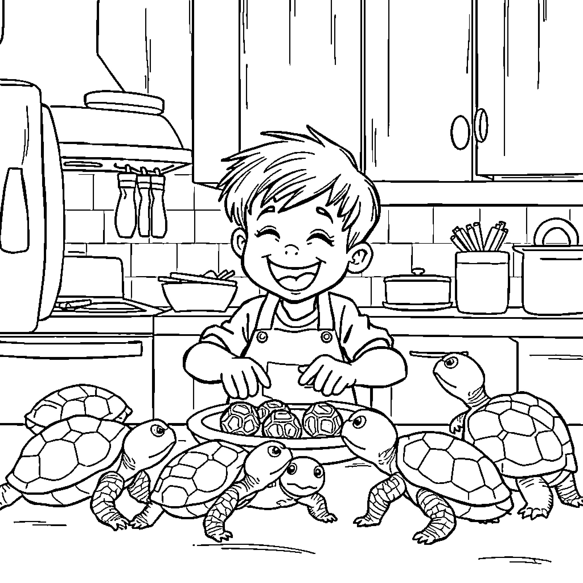 Boy playing with adorable turtles in the kitchen Coloring Page (free black-and-white line drawing printable PDF for all, from beginners to advanced learners, including children, teens, adults, and seniors)