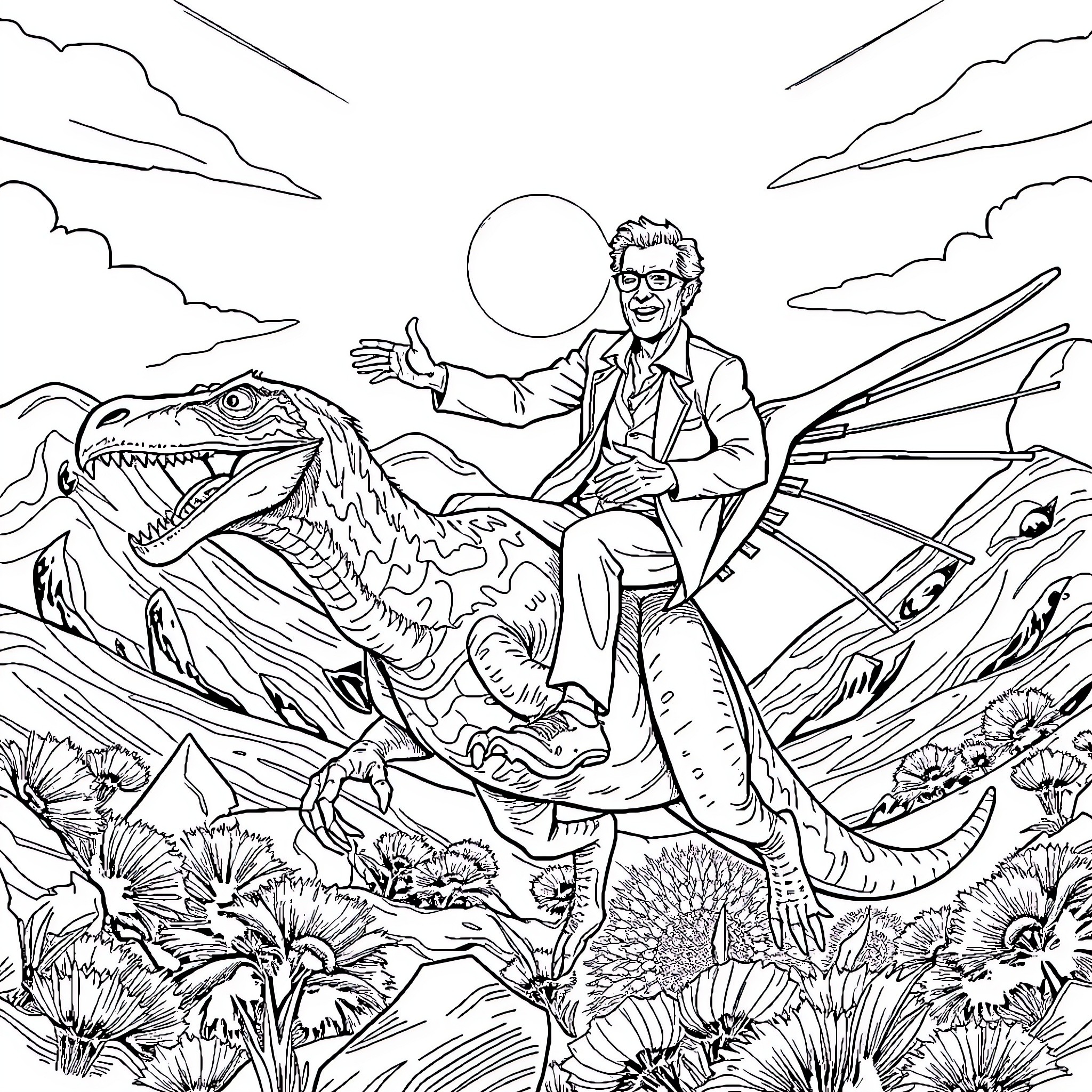 Jeff Goldblum riding a dinosaur in a surreal landscape Coloring Page (free black-and-white line drawing printable PDF for all, from beginners to advanced learners, including children, teens, adults, and seniors)