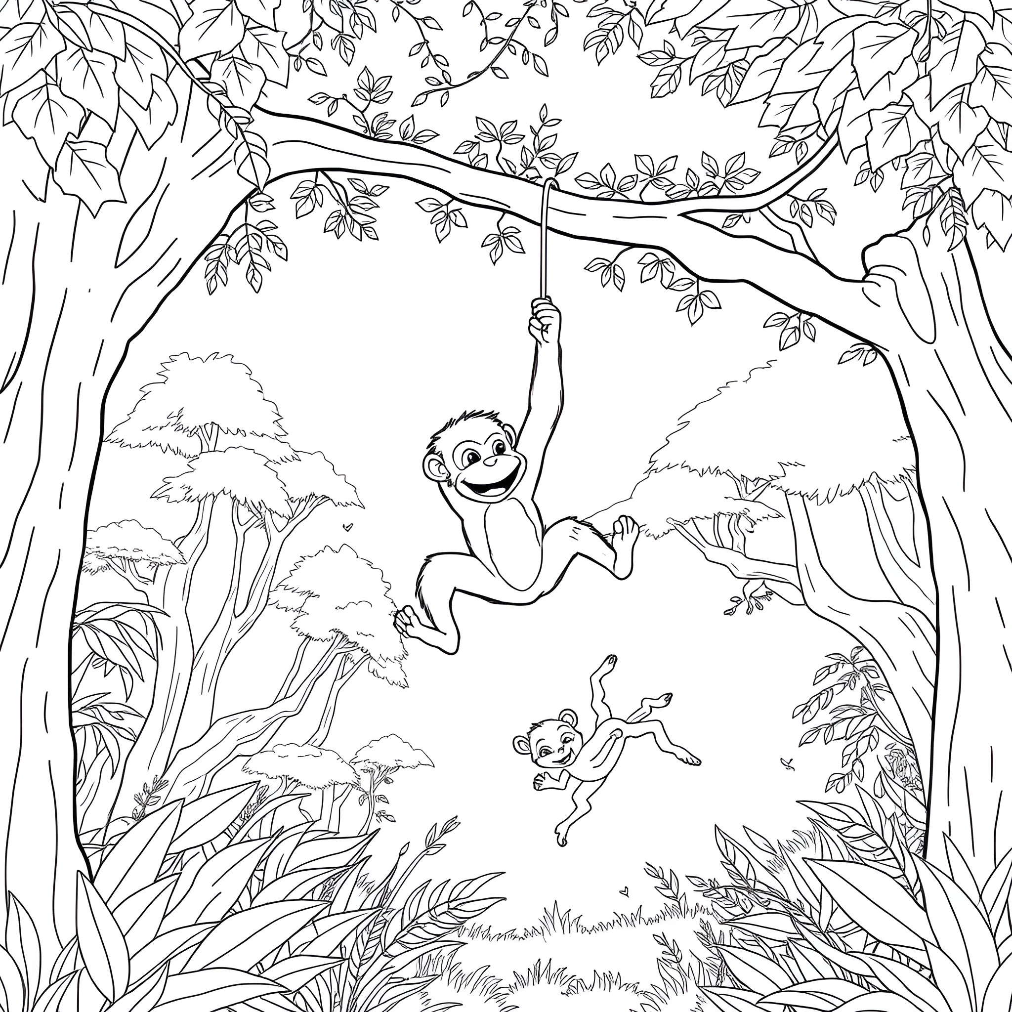 Monkeys swinging happily in the jungle Coloring Page (free black-and-white line drawing printable PDF for all, from beginners to advanced learners, including children, teens, adults, and seniors)
