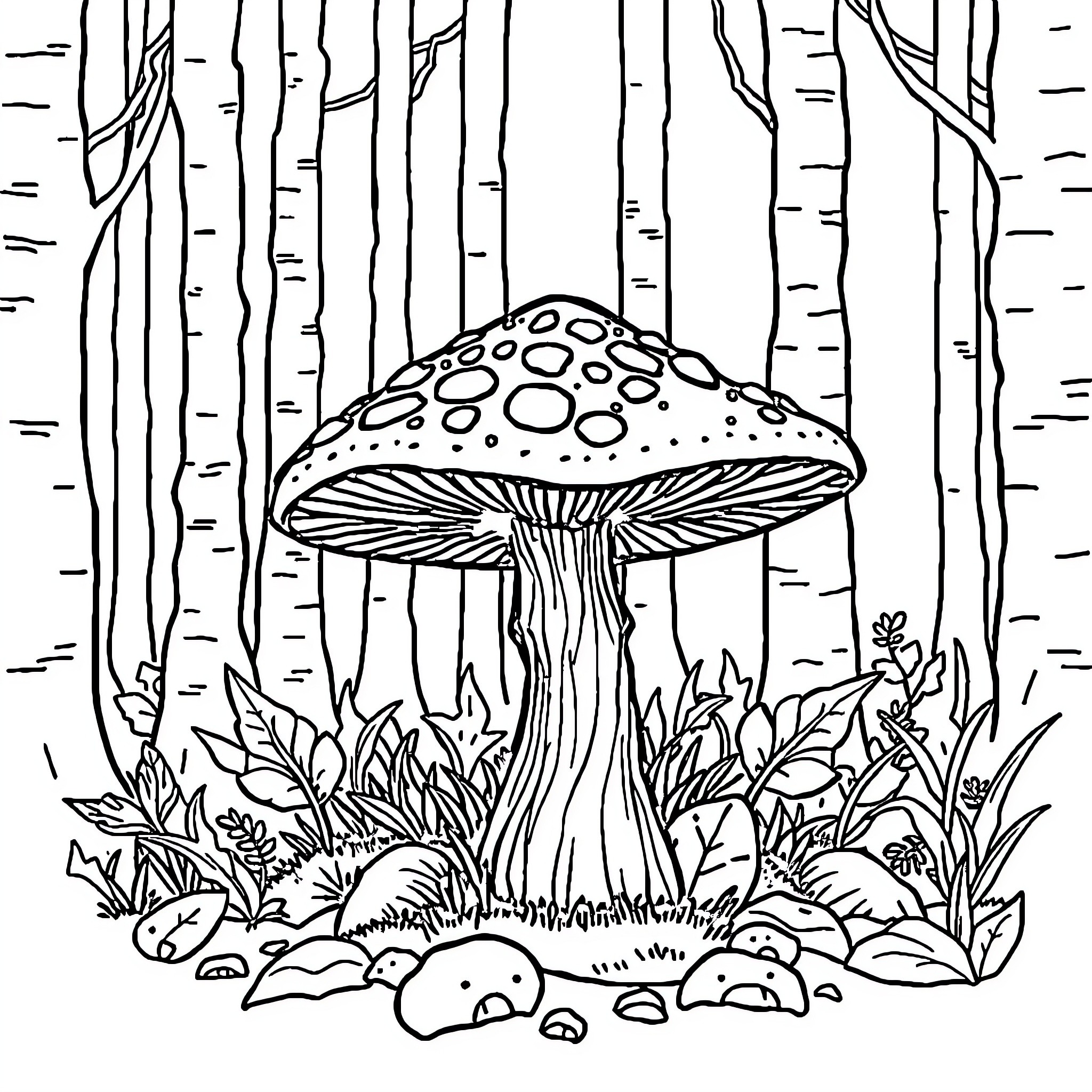 Dinosaur mushroom in the forest Coloring Page (free black-and-white line drawing printable PDF for all, from beginners to advanced learners, including children, teens, adults, and seniors)