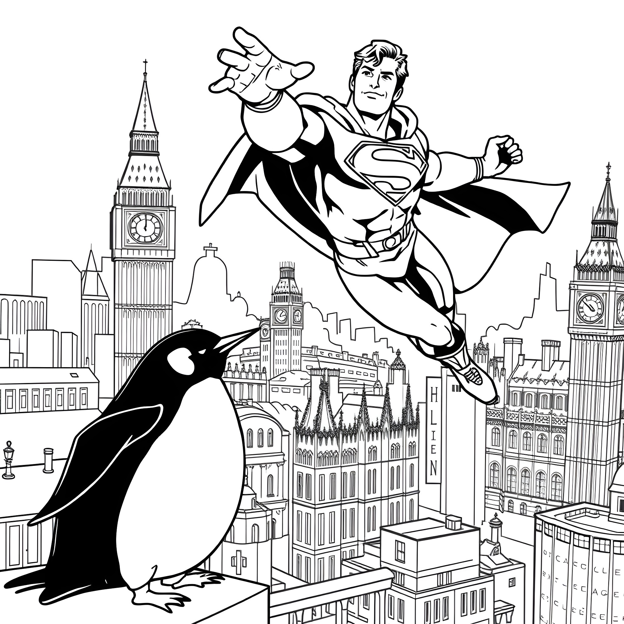 Superman soaring over the city skyline with a penguin Coloring Page (free black-and-white line drawing printable PDF for all, from beginners to advanced learners, including children, teens, adults, and seniors)