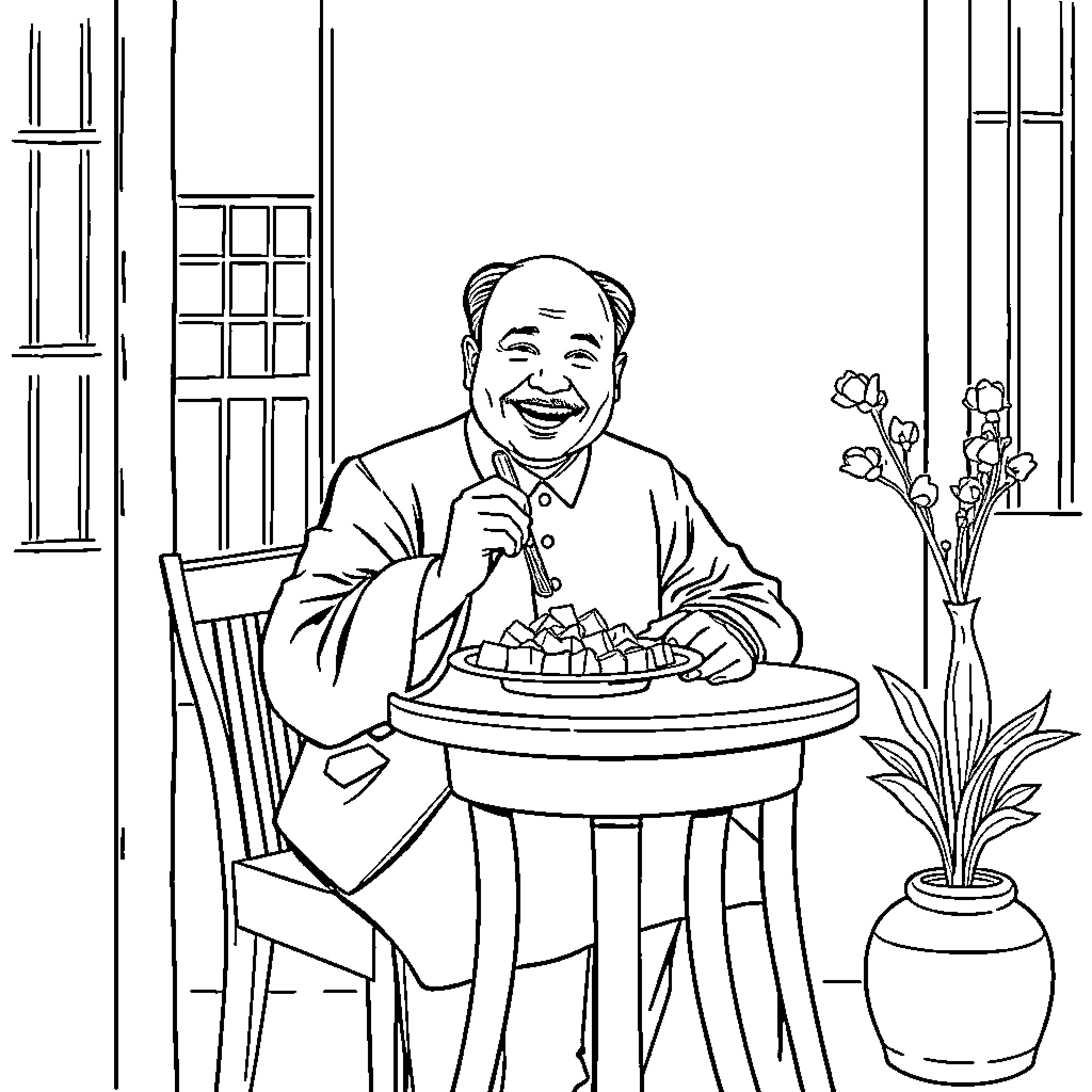 Ho Chi Minh enjoying a traditional meal Coloring Page (free black-and-white line drawing printable PDF for all, from beginners to advanced learners, including children, teens, adults, and seniors)