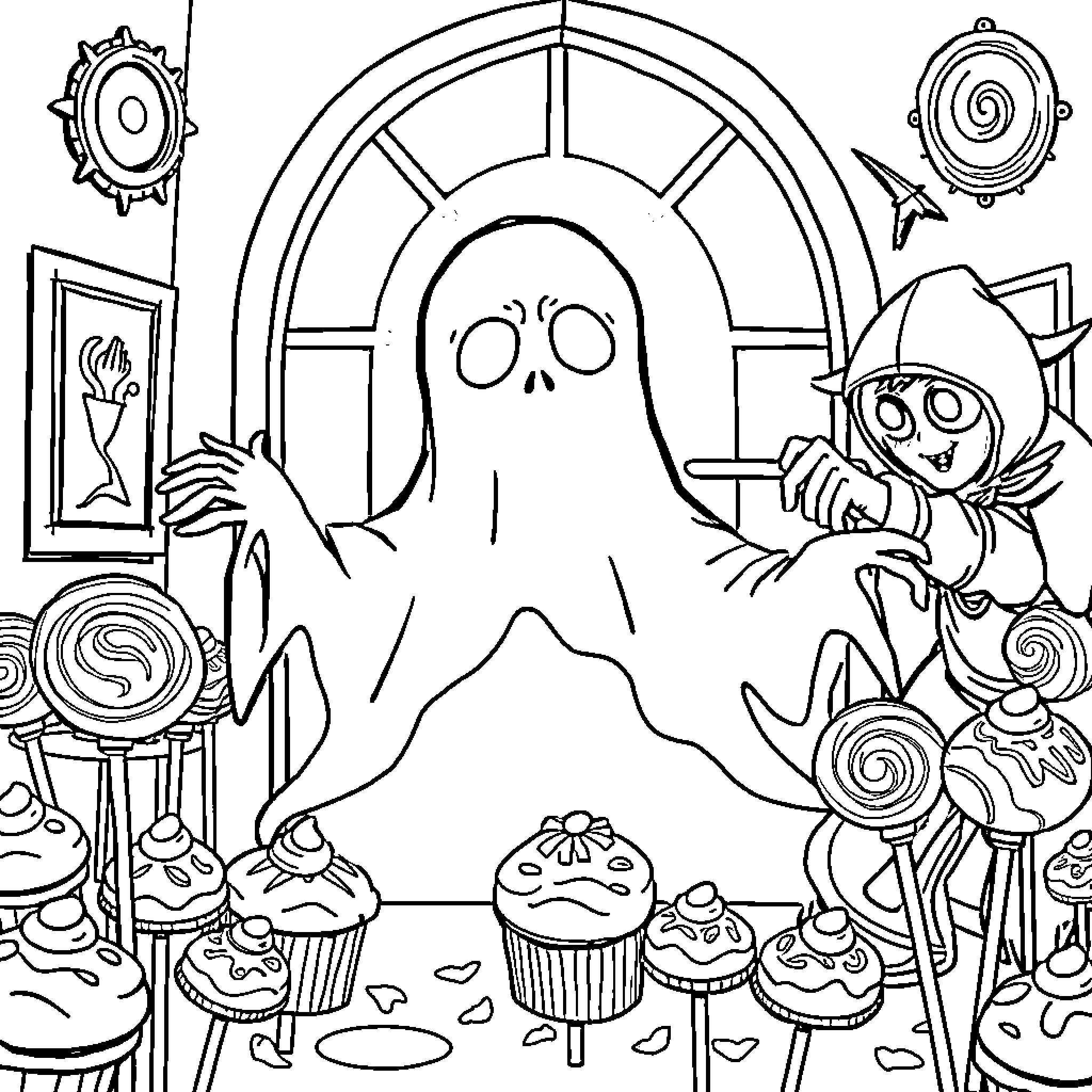 Demon Ghost Haunting Baked Goods in Spooky Bakery Coloring Page (free black-and-white line drawing printable PDF for all, from beginners to advanced learners, including children, teens, adults, and seniors)