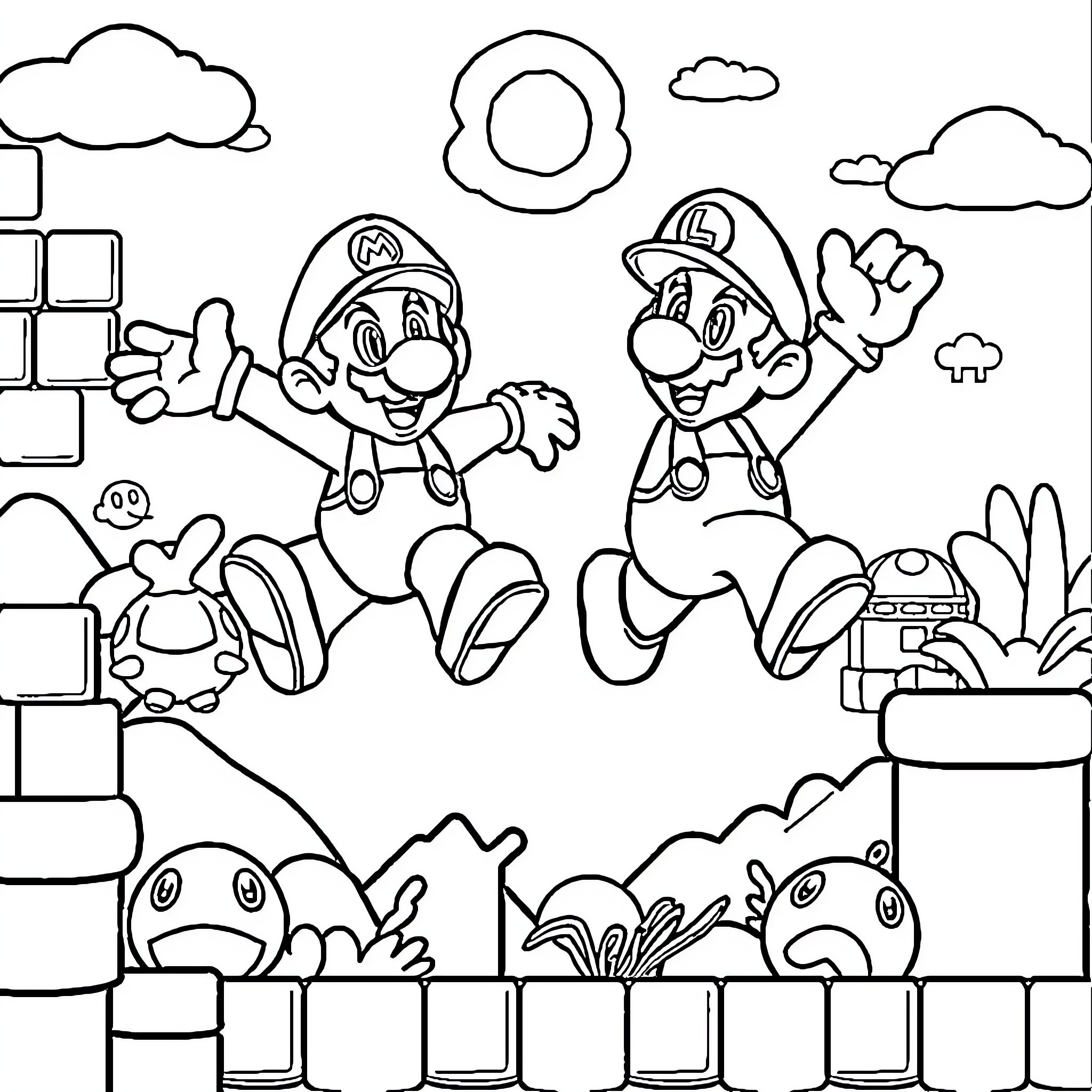 Mario and Luigi jumping with joy in the Mushroom Kingdom Coloring Page (free black-and-white line drawing printable PDF for all, from beginners to advanced learners, including children, teens, adults, and seniors)