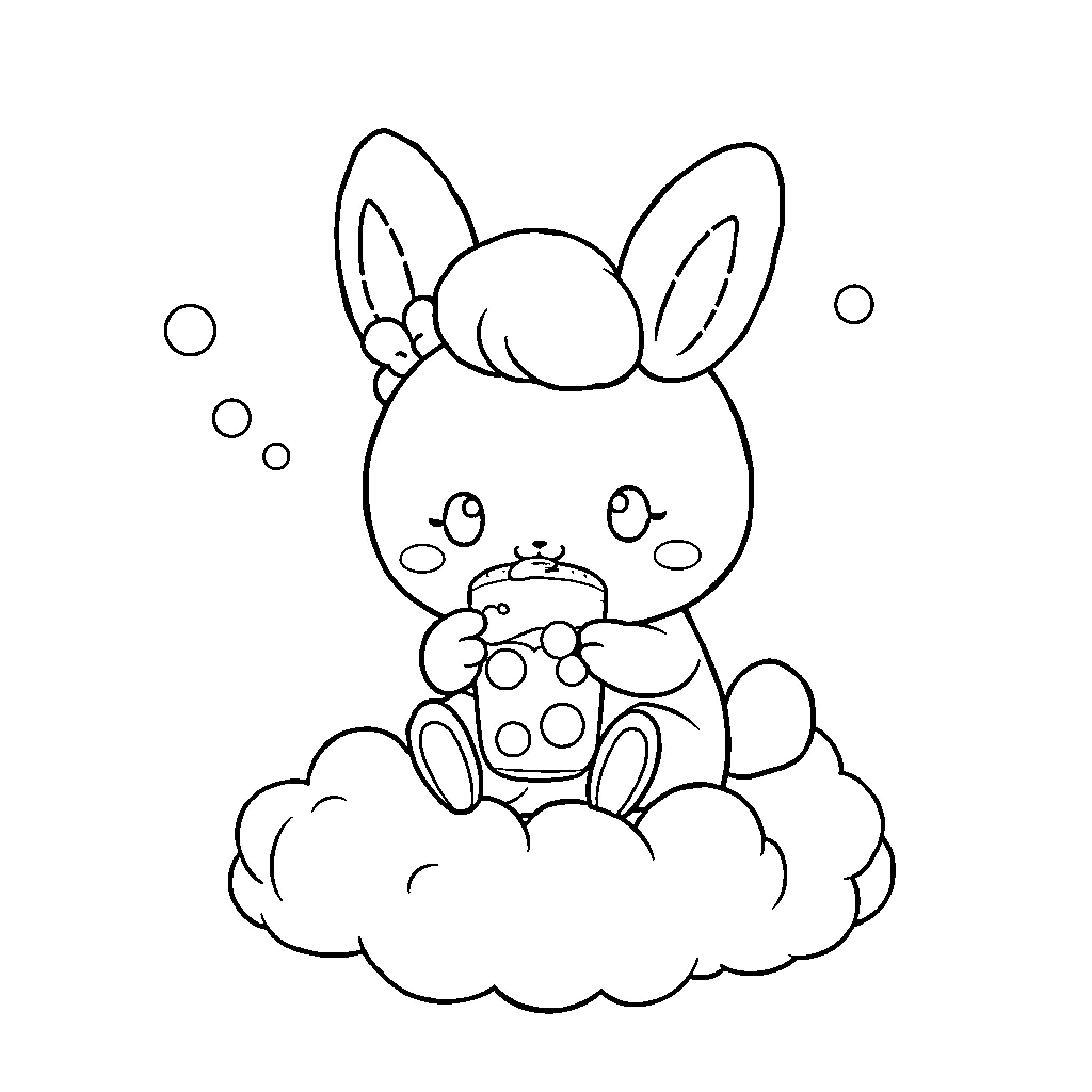 Cinnamoroll relaxing on a cloud Coloring Page (free black-and-white line drawing printable PDF for all, from beginners to advanced learners, including children, teens, adults, and seniors)