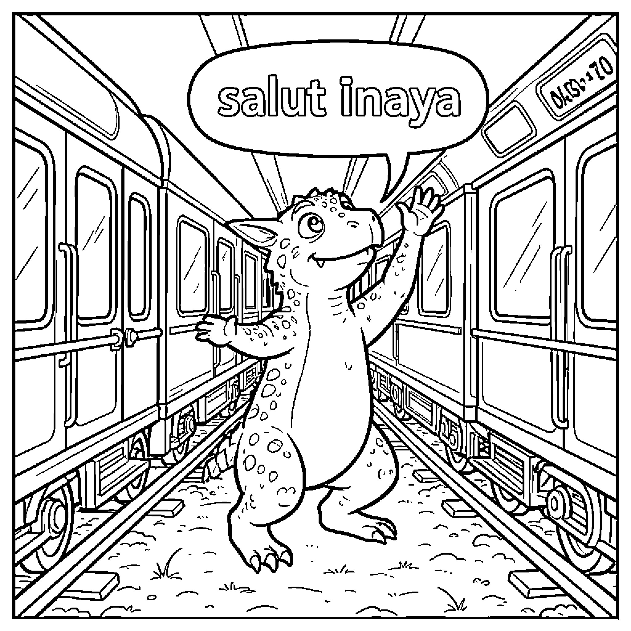 Corythosaurus waving hello inside a subway train Coloring Page (free black-and-white line drawing printable PDF for all, from beginners to advanced learners, including children, teens, adults, and seniors)
