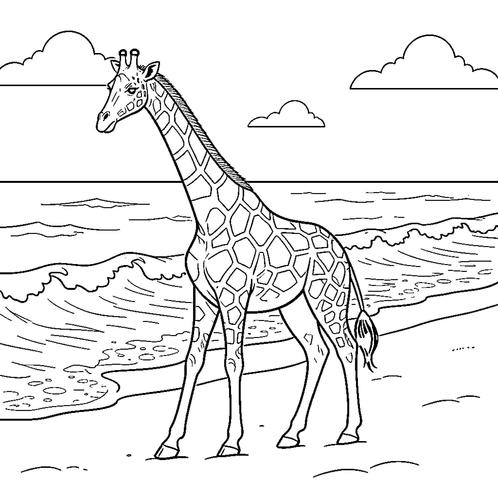 Giraffe standing peacefully on a sandy beach Coloring Page (free black-and-white line drawing printable PDF for all, from beginners to advanced learners, including children, teens, adults, and seniors)