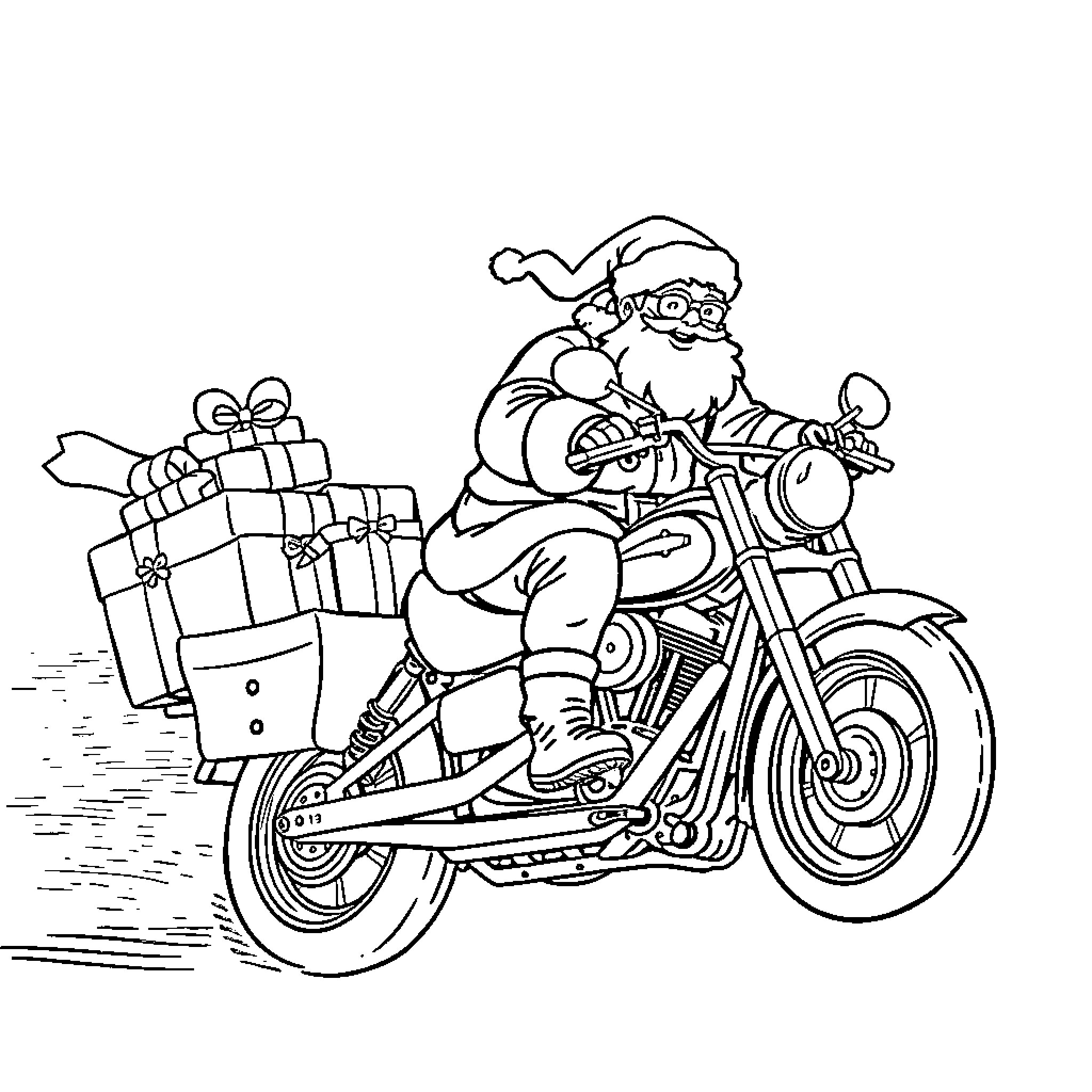 Père Noël delivering gifts on a motorcycle Coloring Page (free black-and-white line drawing printable PDF for all, from beginners to advanced learners, including children, teens, adults, and seniors)