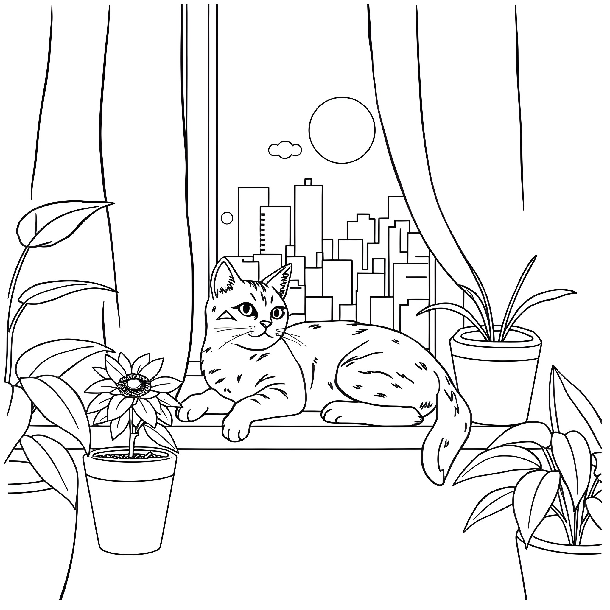 Cat relaxing in urban garden Coloring Page (free black-and-white line drawing printable PDF for all, from beginners to advanced learners, including children, teens, adults, and seniors)
