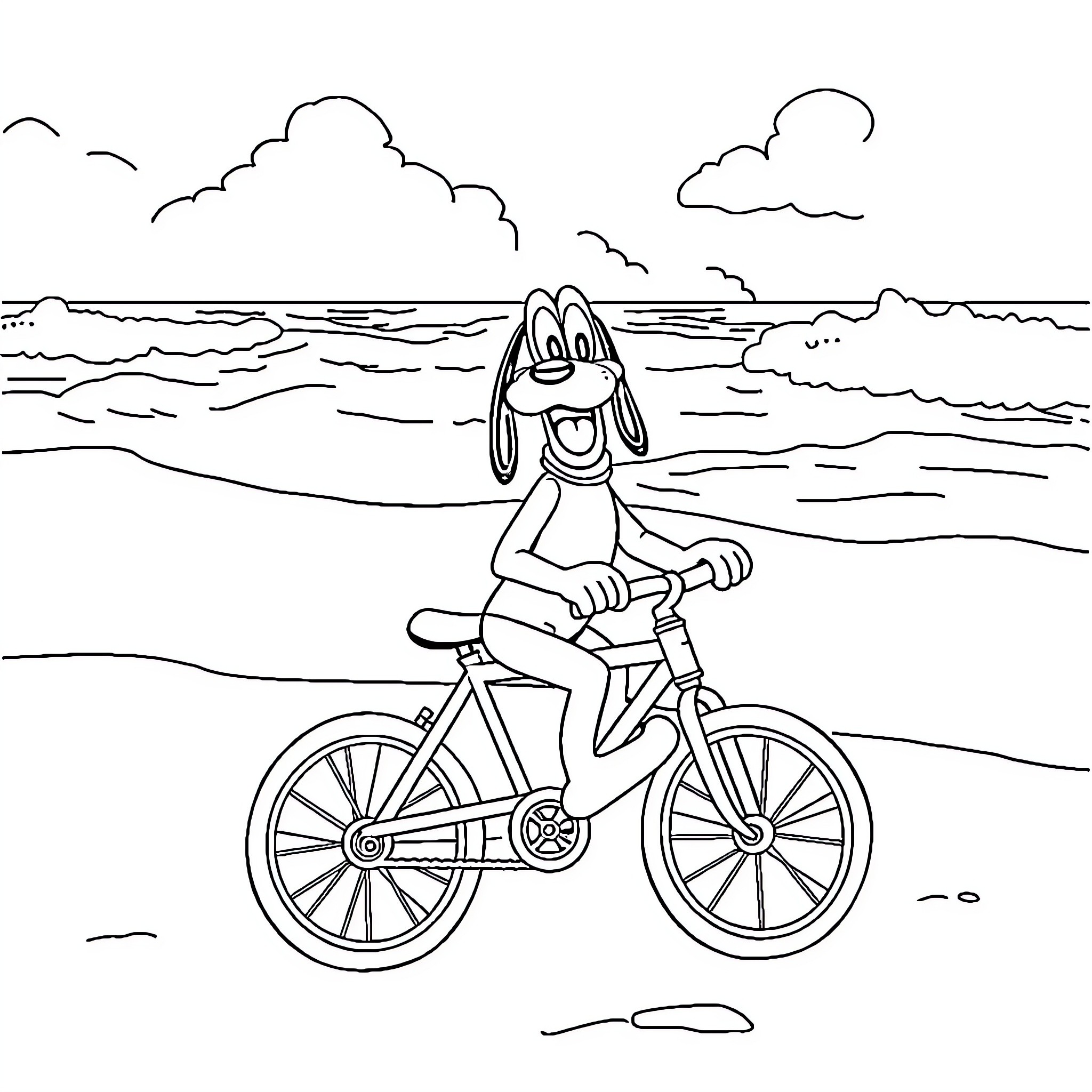 Pluto riding bicycle on the beach Coloring Page (free black-and-white line drawing printable PDF for all, from beginners to advanced learners, including children, teens, adults, and seniors)