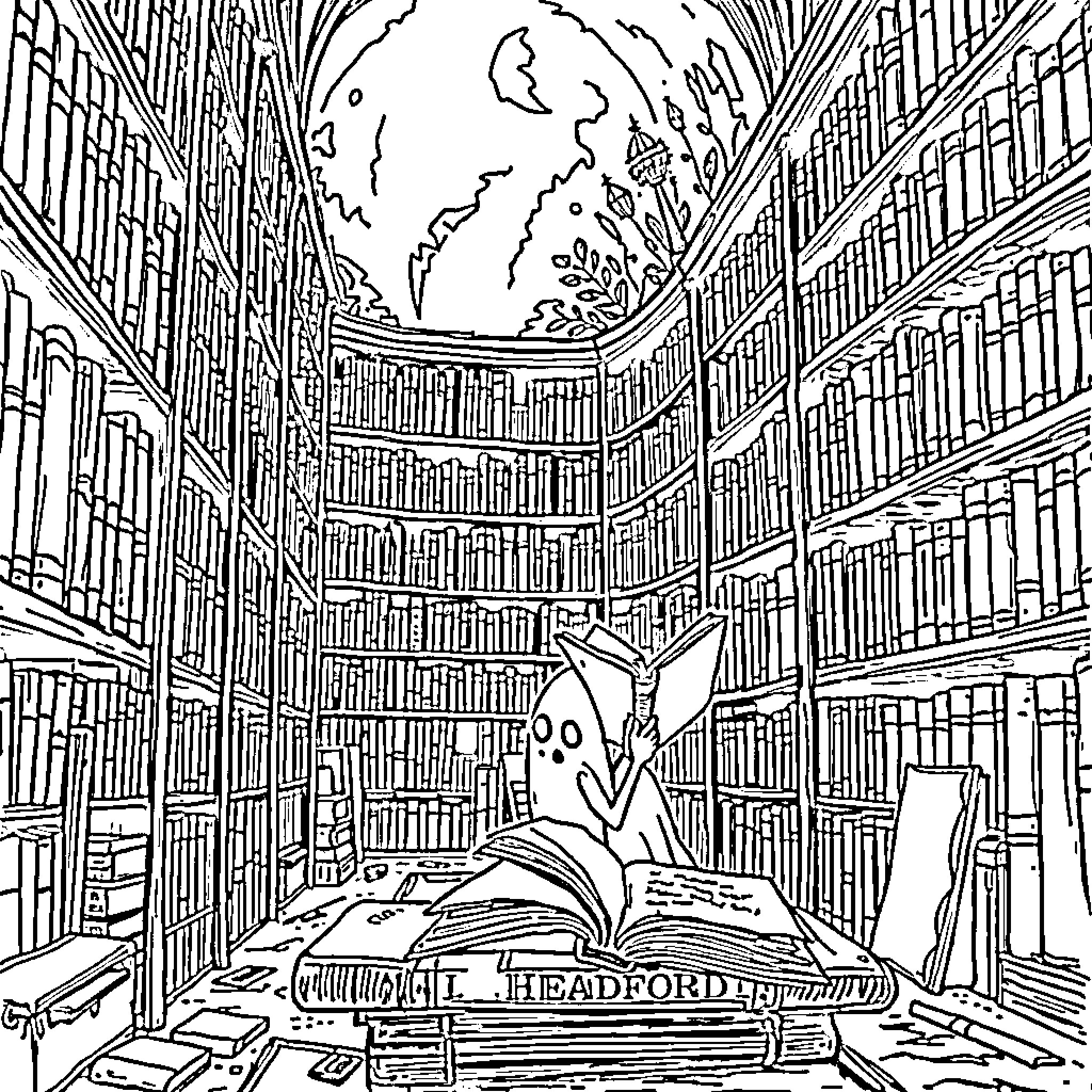Ghost in an Enchanting Library Surrounded by Books Coloring Page (free black-and-white line drawing printable PDF for all, from beginners to advanced learners, including children, teens, adults, and seniors)