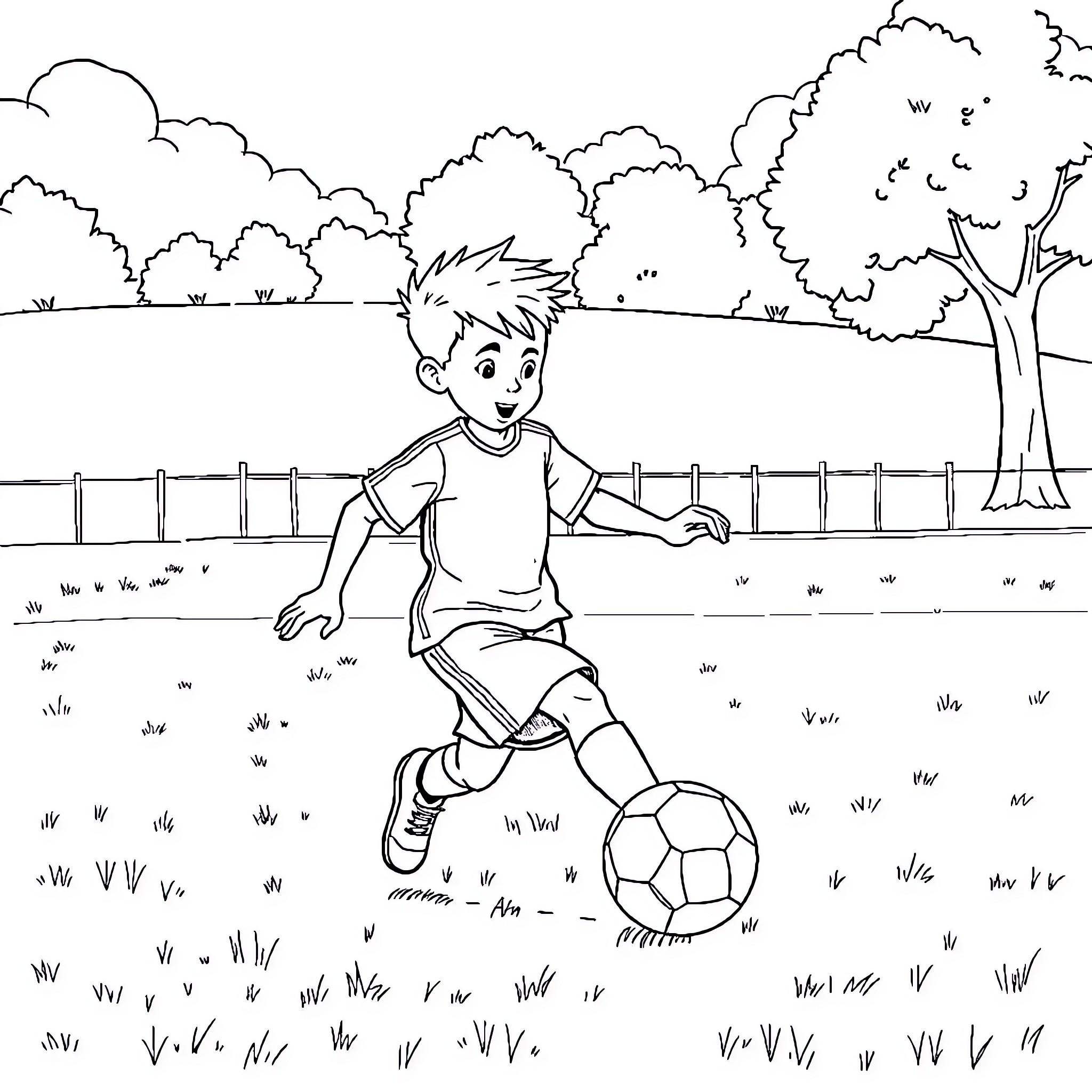 Elliot plays with a soccer ball in the park Coloring Page (free black-and-white line drawing printable PDF for all, from beginners to advanced learners, including children, teens, adults, and seniors)