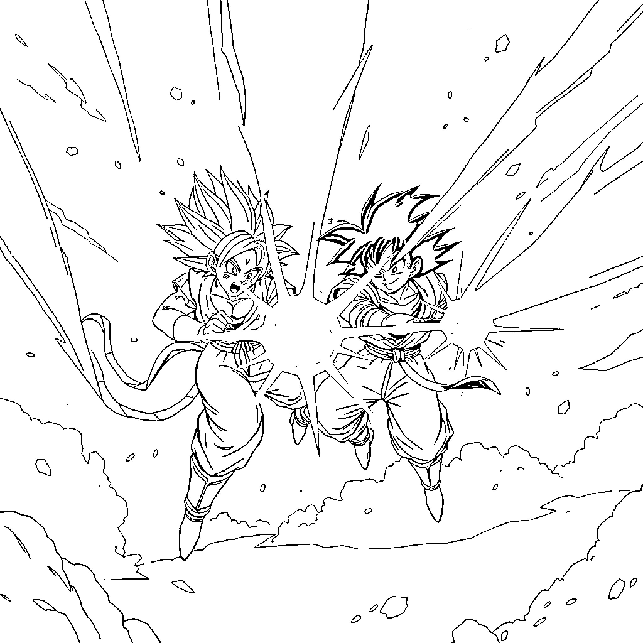 Dragon Ball Z: Intense Battle Between Warriors Coloring Page (free black-and-white line drawing printable PDF for all, from beginners to advanced learners, including children, teens, adults, and seniors)