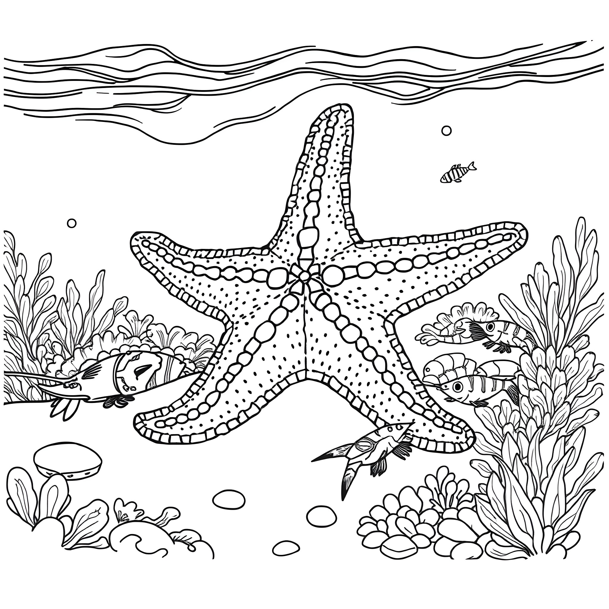 Starfish resting on the seabed surrounded by coral Coloring Page (free black-and-white line drawing printable PDF for all, from beginners to advanced learners, including children, teens, adults, and seniors)