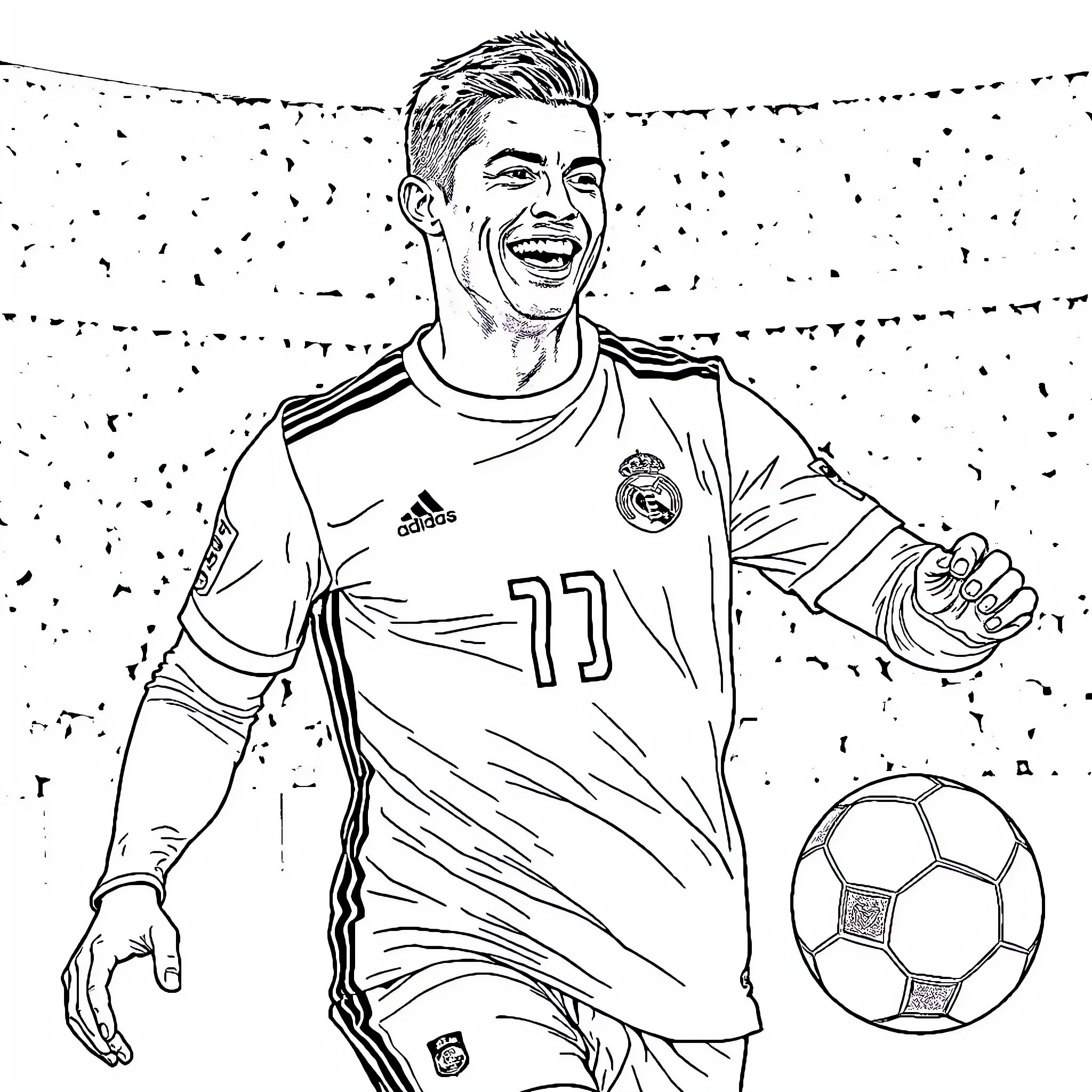 Cristiano Ronaldo's Triumphant Celebration on the Field Coloring Page (free black-and-white line drawing printable PDF for all, from beginners to advanced learners, including children, teens, adults, and seniors)