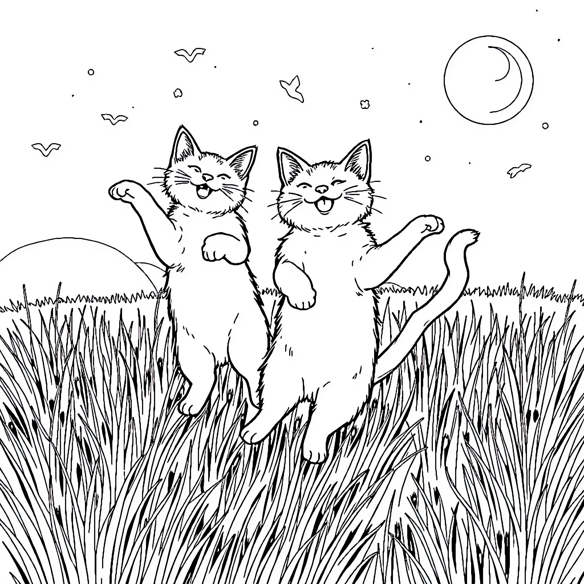 Cats playing joyfully under the starry night sky Coloring Page (free black-and-white line drawing printable PDF for all, from beginners to advanced learners, including children, teens, adults, and seniors)
