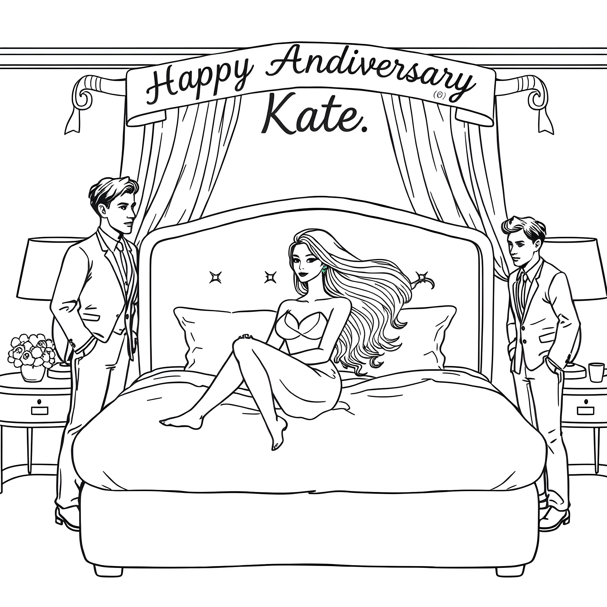 Woman in bed celebrating happy anniversary with two men Coloring Page (free black-and-white line drawing printable PDF for all, from beginners to advanced learners, including children, teens, adults, and seniors)