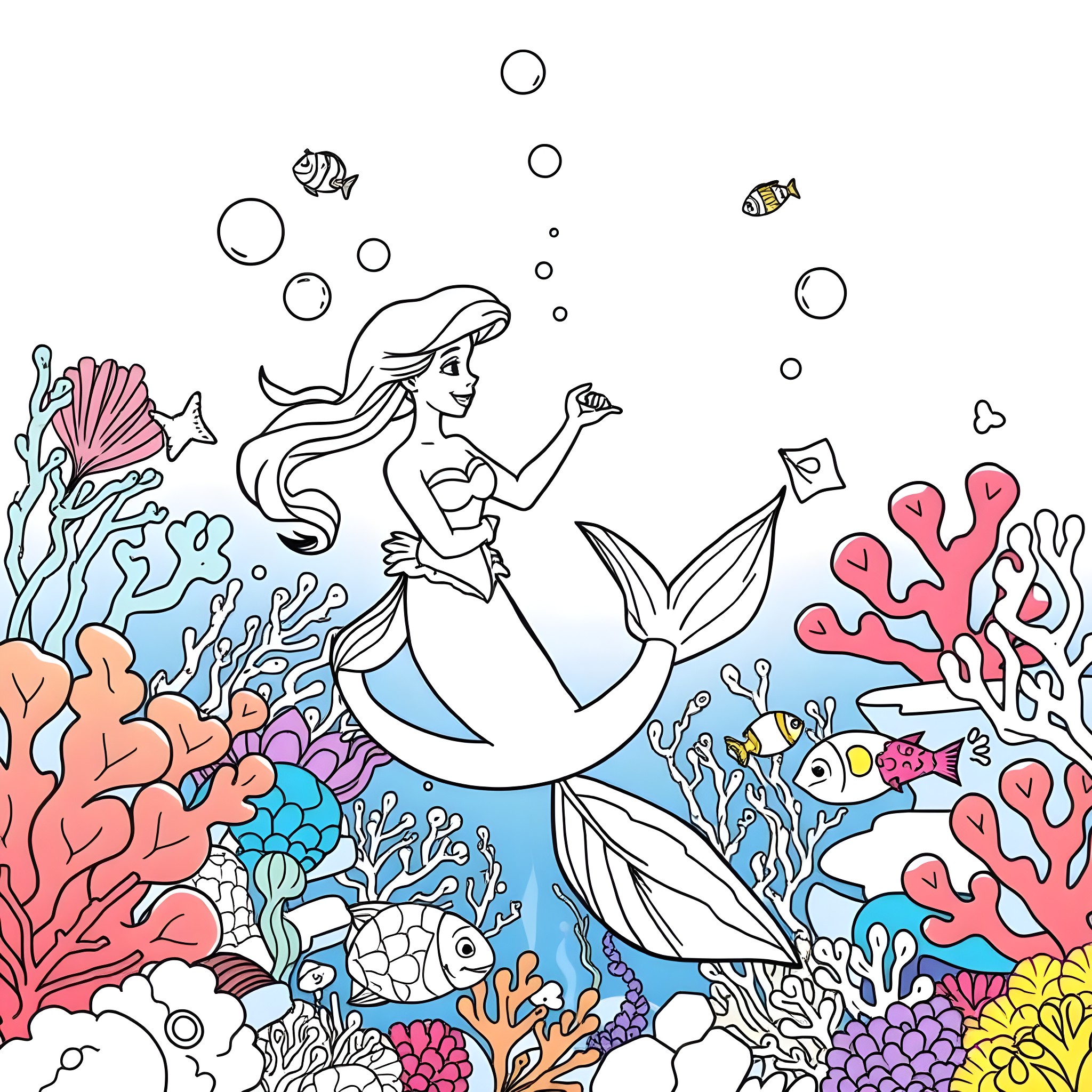Mermaid swimming among colorful coral reef and marine life Coloring Page (free black-and-white line drawing printable PDF for all, from beginners to advanced learners, including children, teens, adults, and seniors)