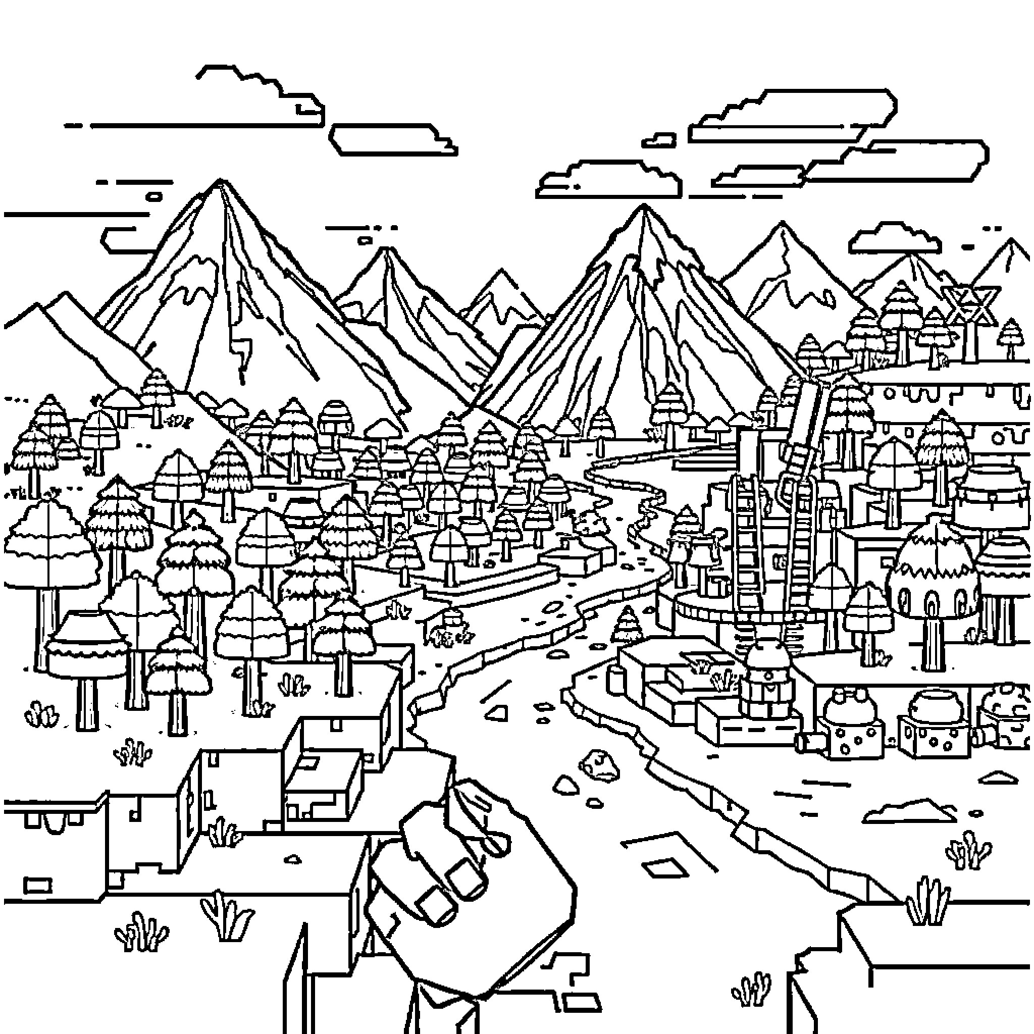 Minecraft Mountainous Landscape with Bustling Village Coloring Page (free black-and-white line drawing printable PDF for all, from beginners to advanced learners, including children, teens, adults, and seniors)