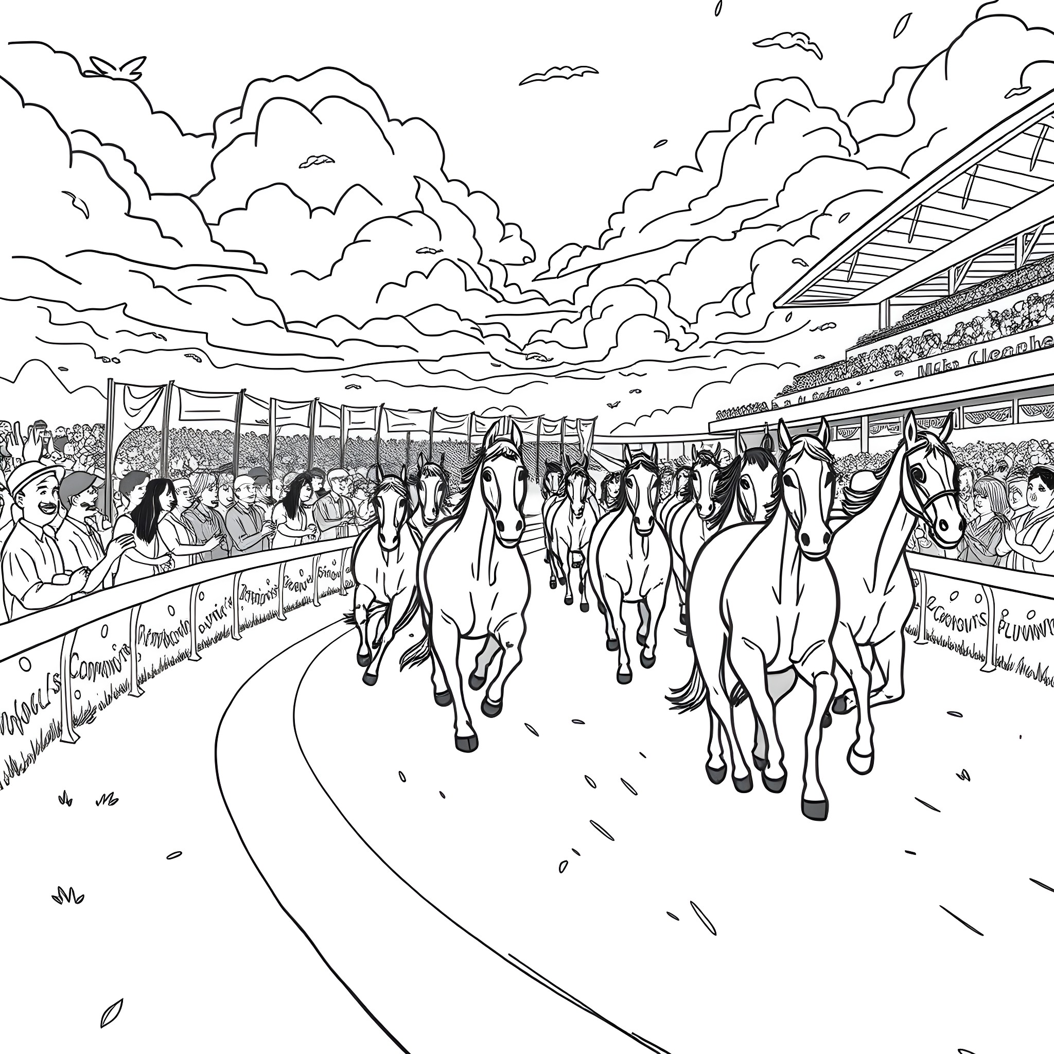 Horses racing through the stadium on a cloudy day Coloring Page (free black-and-white line drawing printable PDF for all, from beginners to advanced learners, including children, teens, adults, and seniors)