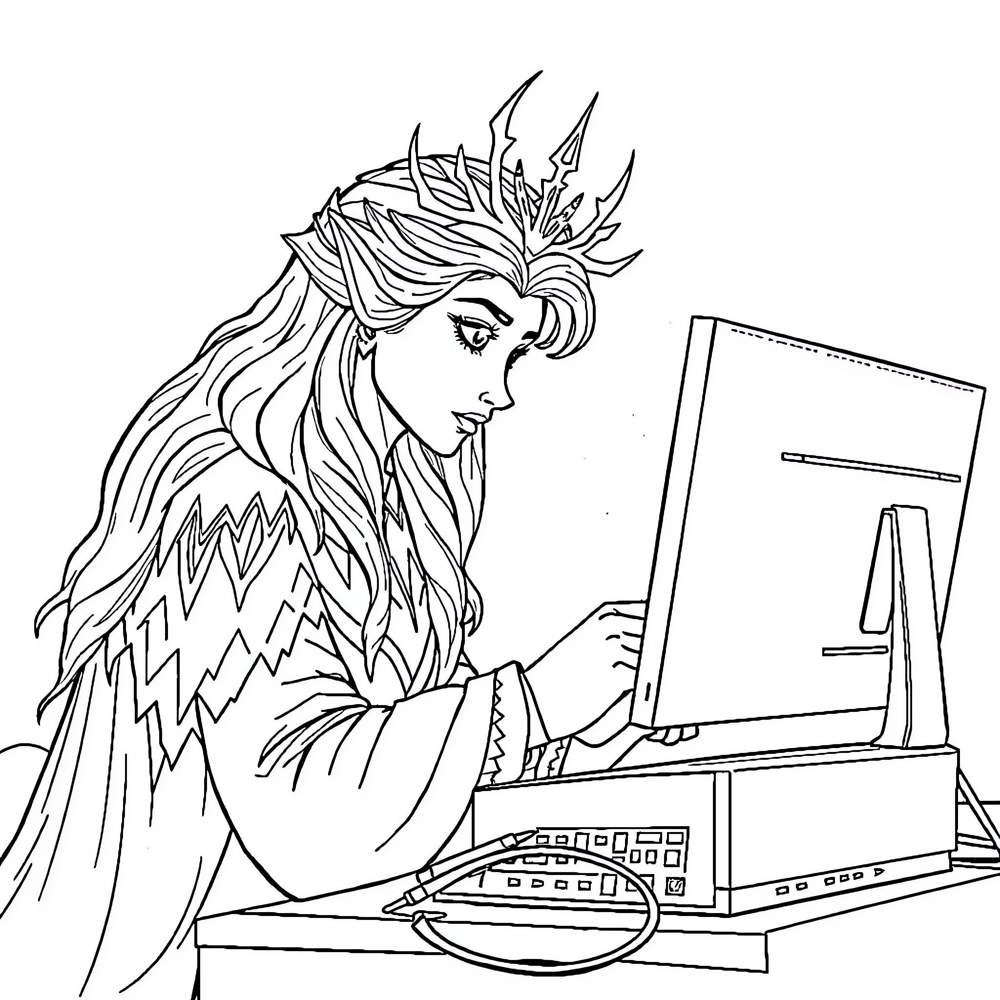 Queen working diligently on computer Coloring Page (free black-and-white line drawing printable PDF for all, from beginners to advanced learners, including children, teens, adults, and seniors)