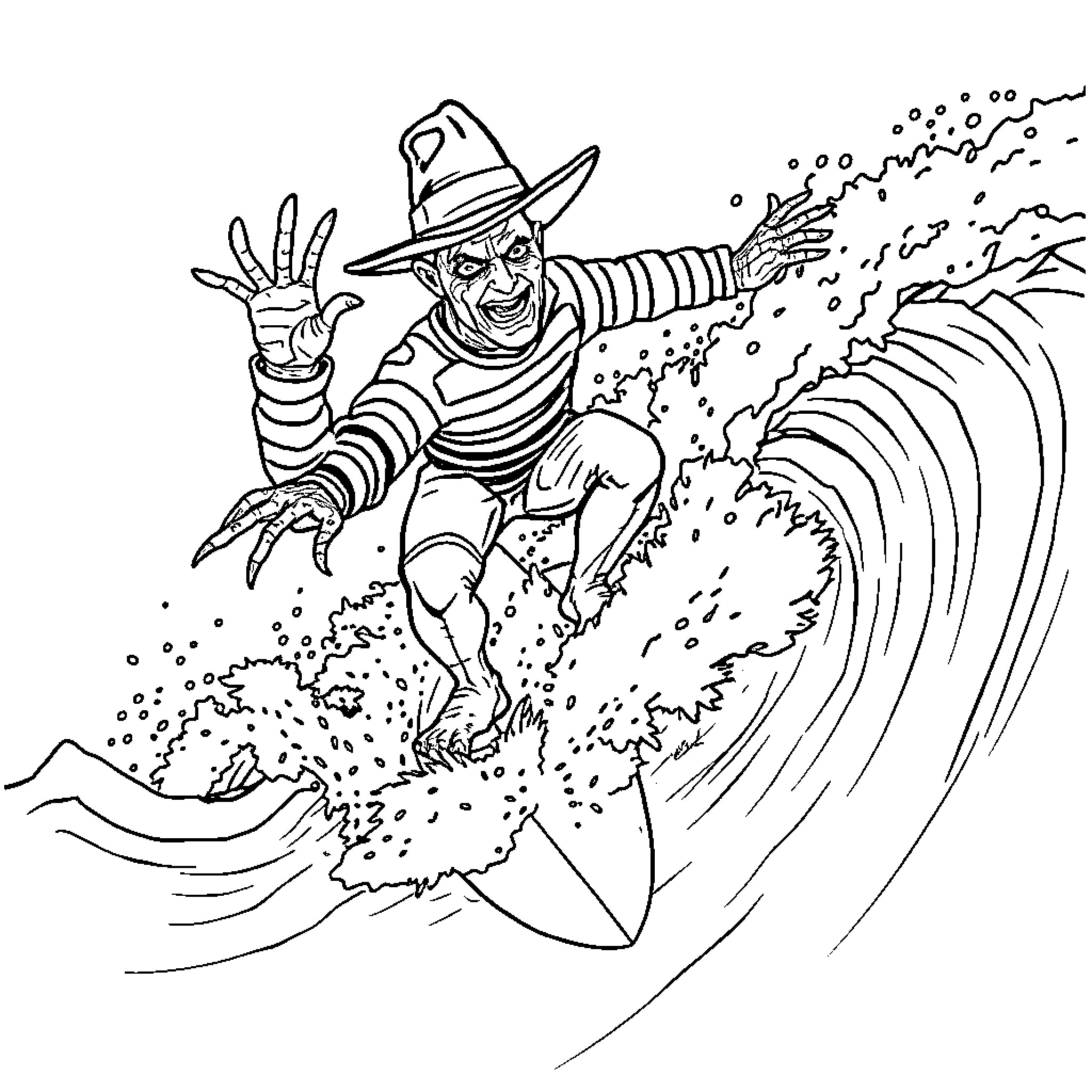 Freddy Krueger surfing the gnarly wave of horror Coloring Page (free black-and-white line drawing printable PDF for all, from beginners to advanced learners, including children, teens, adults, and seniors)