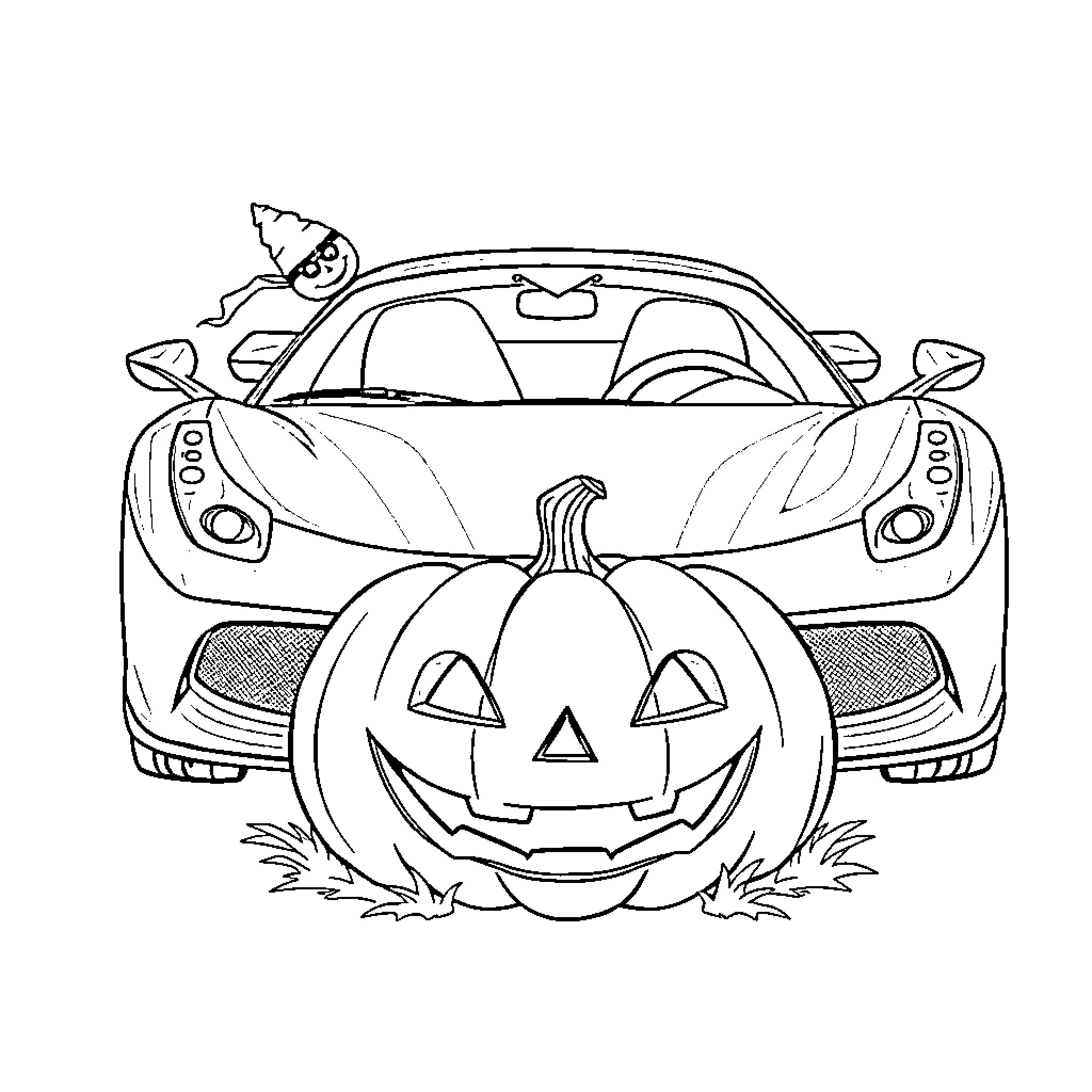 Ferrari pumpkin decoration with Halloween costume Coloring Page (free black-and-white line drawing printable PDF for all, from beginners to advanced learners, including children, teens, adults, and seniors)