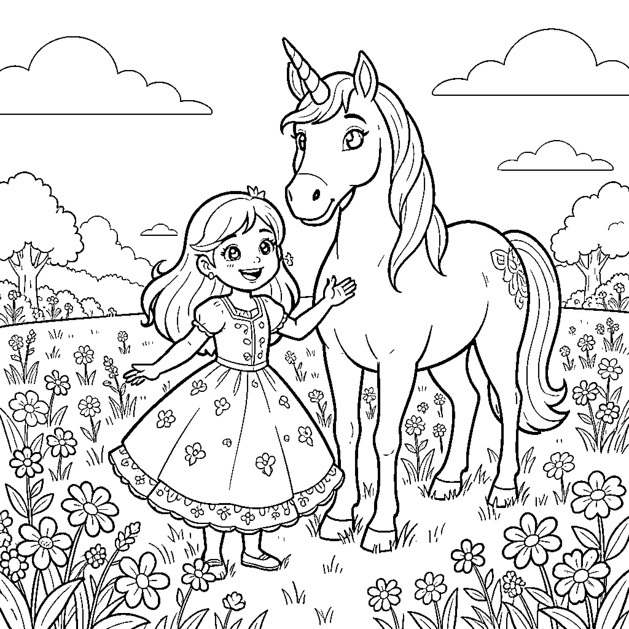 Asha smiling and standing beside a magical unicorn Coloring Page (free black-and-white line drawing printable PDF for all, from beginners to advanced learners, including children, teens, adults, and seniors)