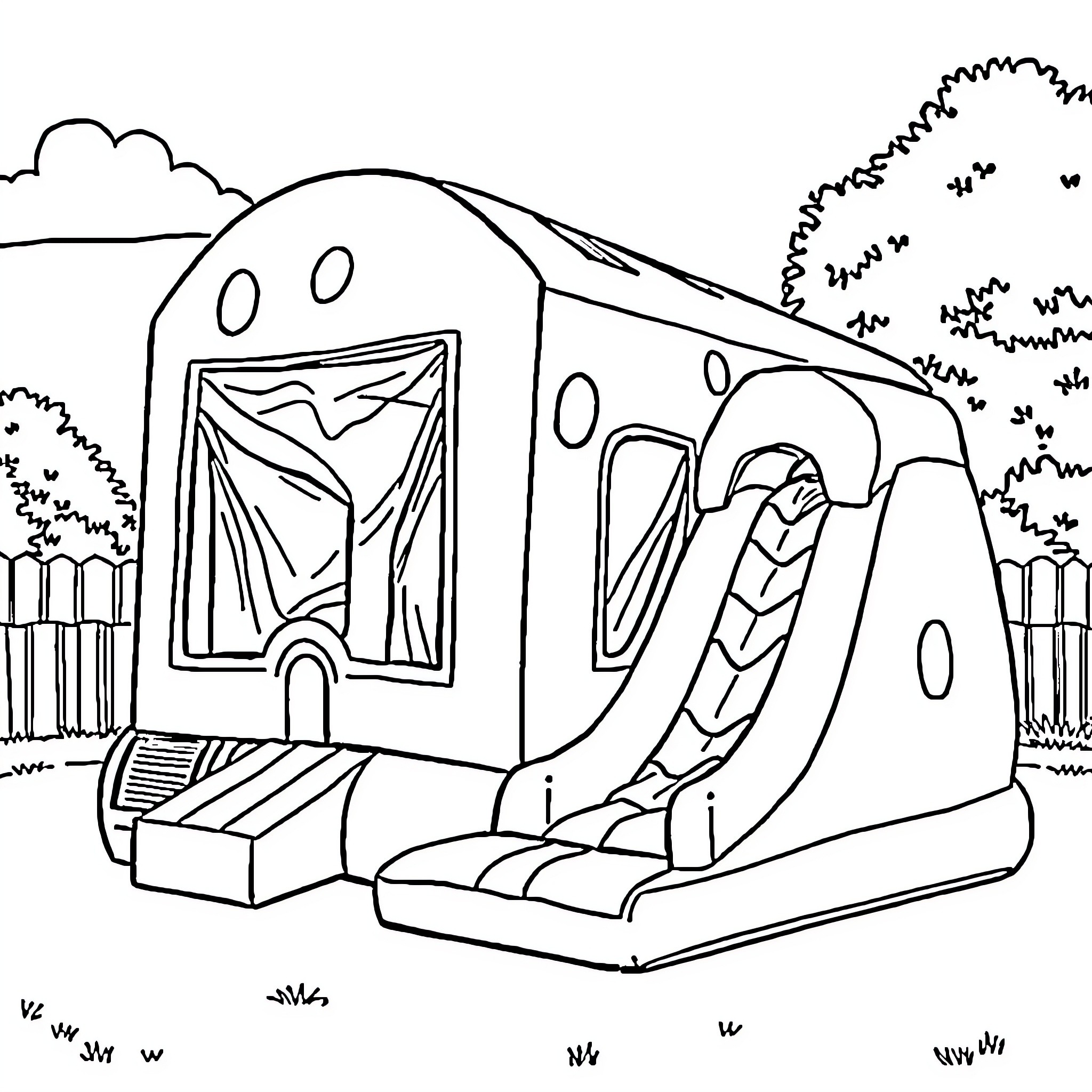 Waterslide inflatable playground with slide and obstacles Coloring Page (free black-and-white line drawing printable PDF for all, from beginners to advanced learners, including children, teens, adults, and seniors)