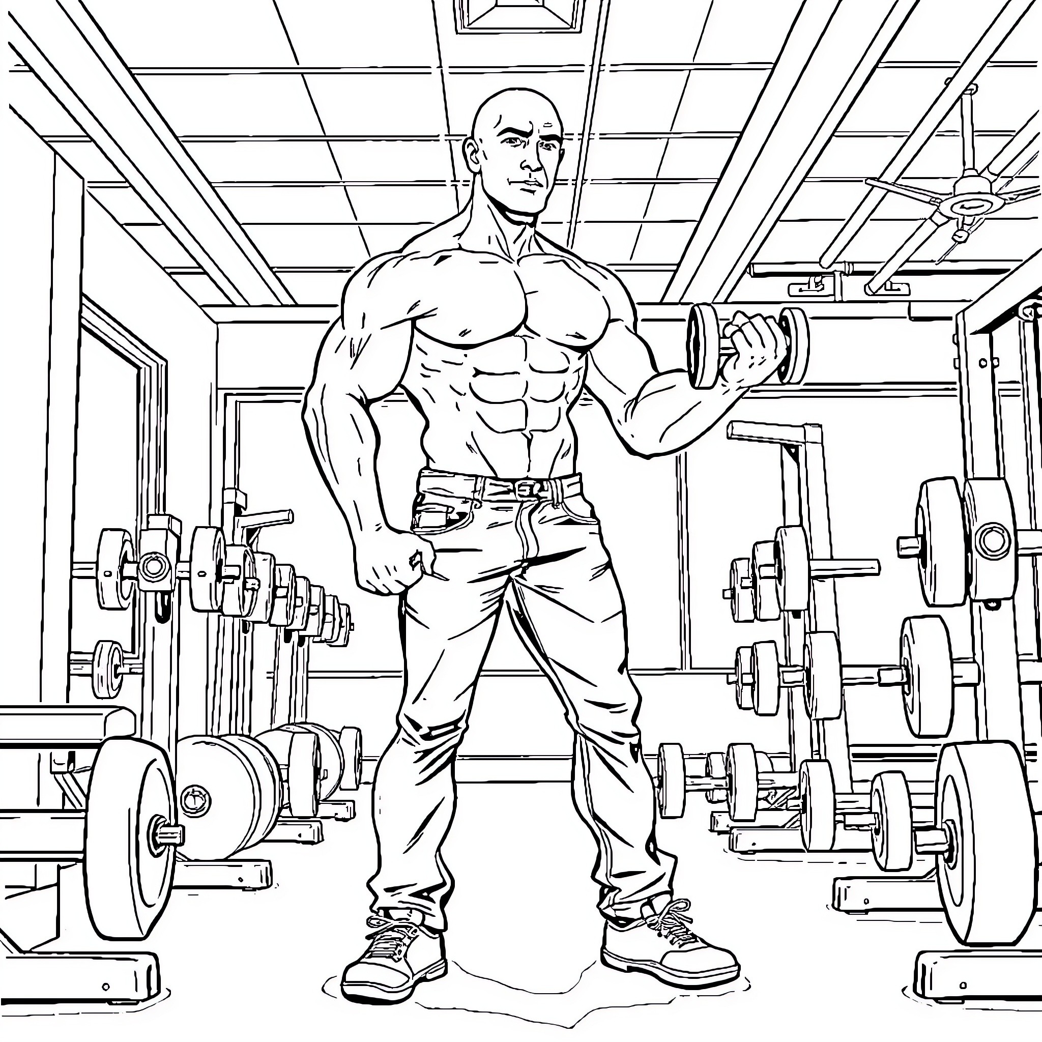 Man Lifting Weights in Gym Coloring Page (free black-and-white line drawing printable PDF for all, from beginners to advanced learners, including children, teens, adults, and seniors)