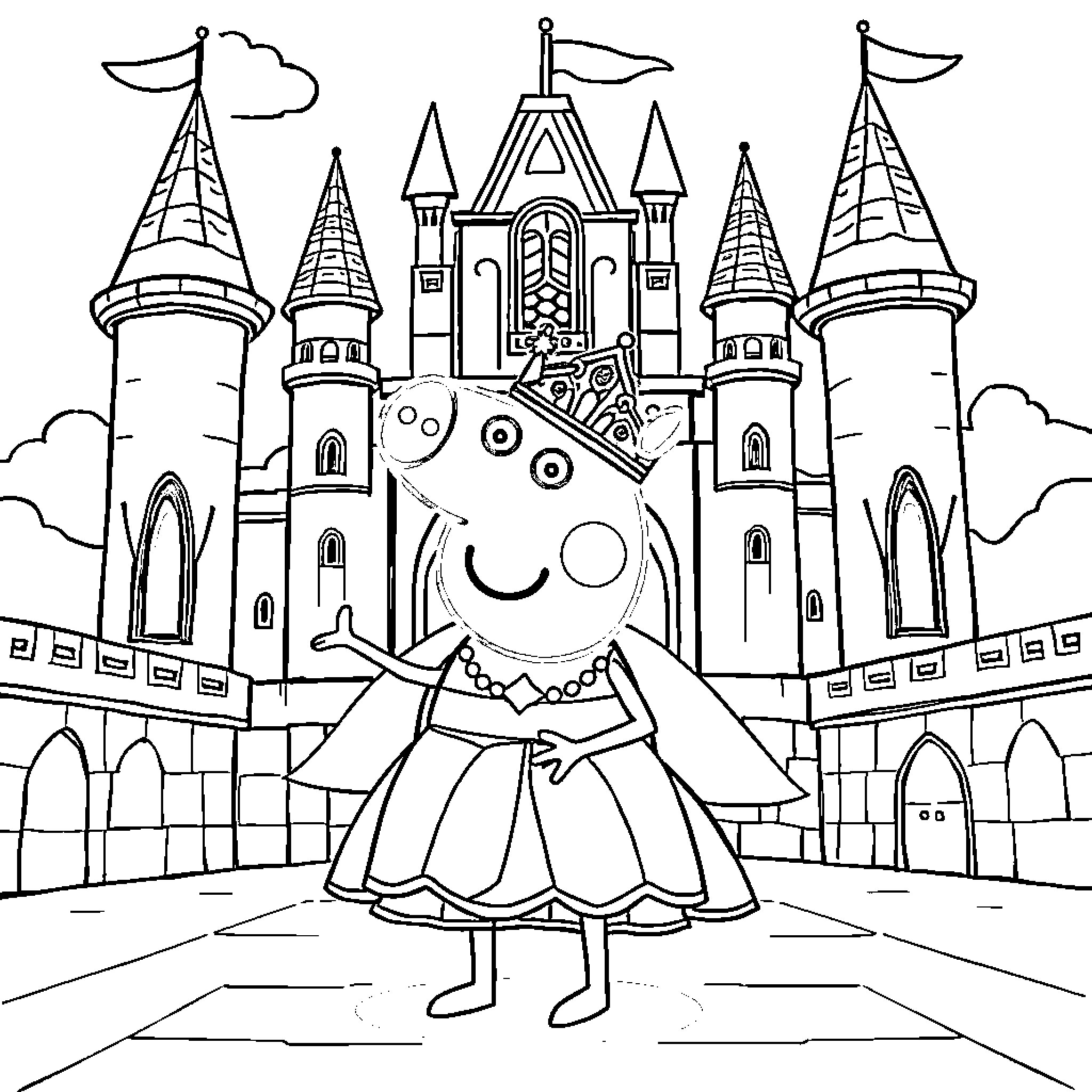 Peppa Pig's Magical Castle Adventure Coloring Page (free black-and-white line drawing printable PDF for all, from beginners to advanced learners, including children, teens, adults, and seniors)
