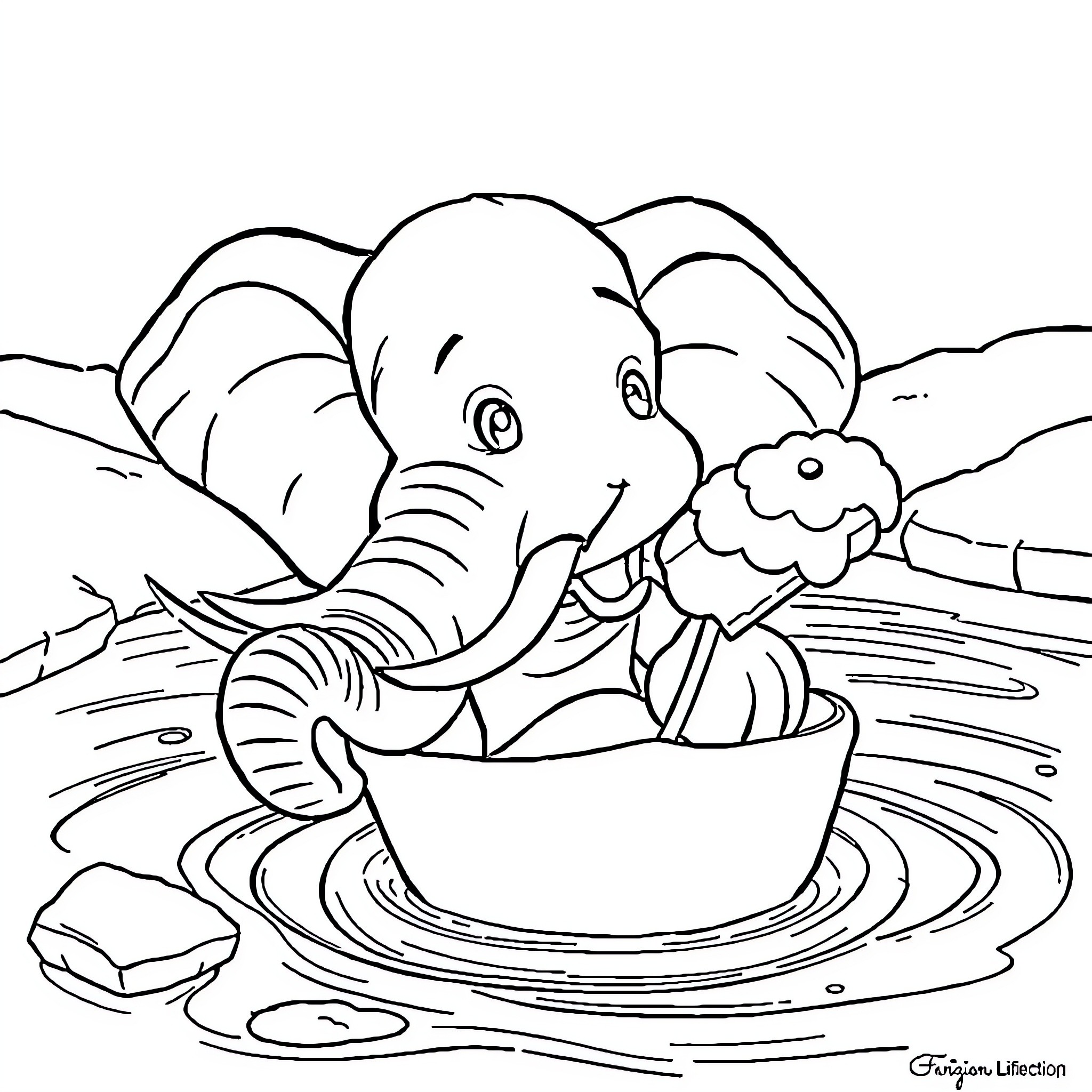 Elephant playing in a puddle with a flower Coloring Page (free black-and-white line drawing printable PDF for all, from beginners to advanced learners, including children, teens, adults, and seniors)