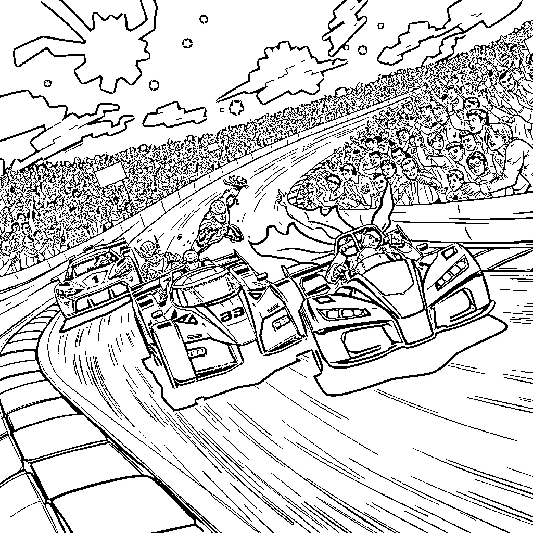 Superhero Race Through Thrilling Cityscape Coloring Page (free black-and-white line drawing printable PDF for all, from beginners to advanced learners, including children, teens, adults, and seniors)